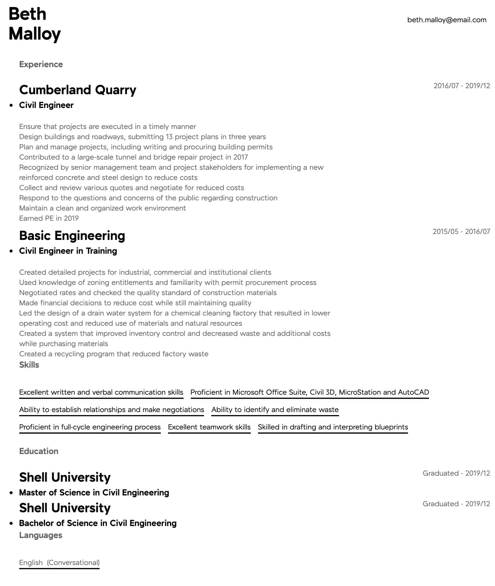 civil engineer resume sample