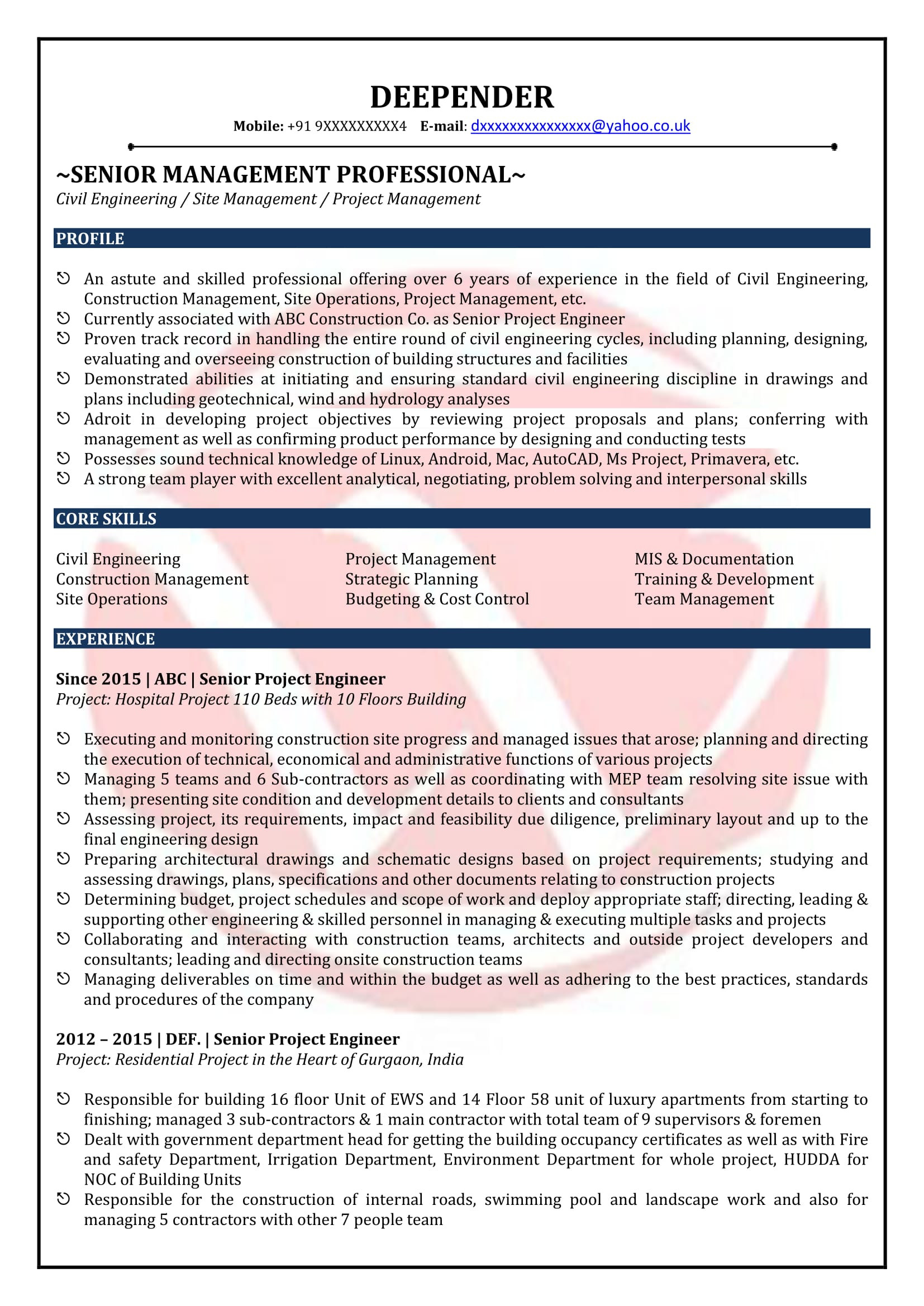 civil engineer resume sample format