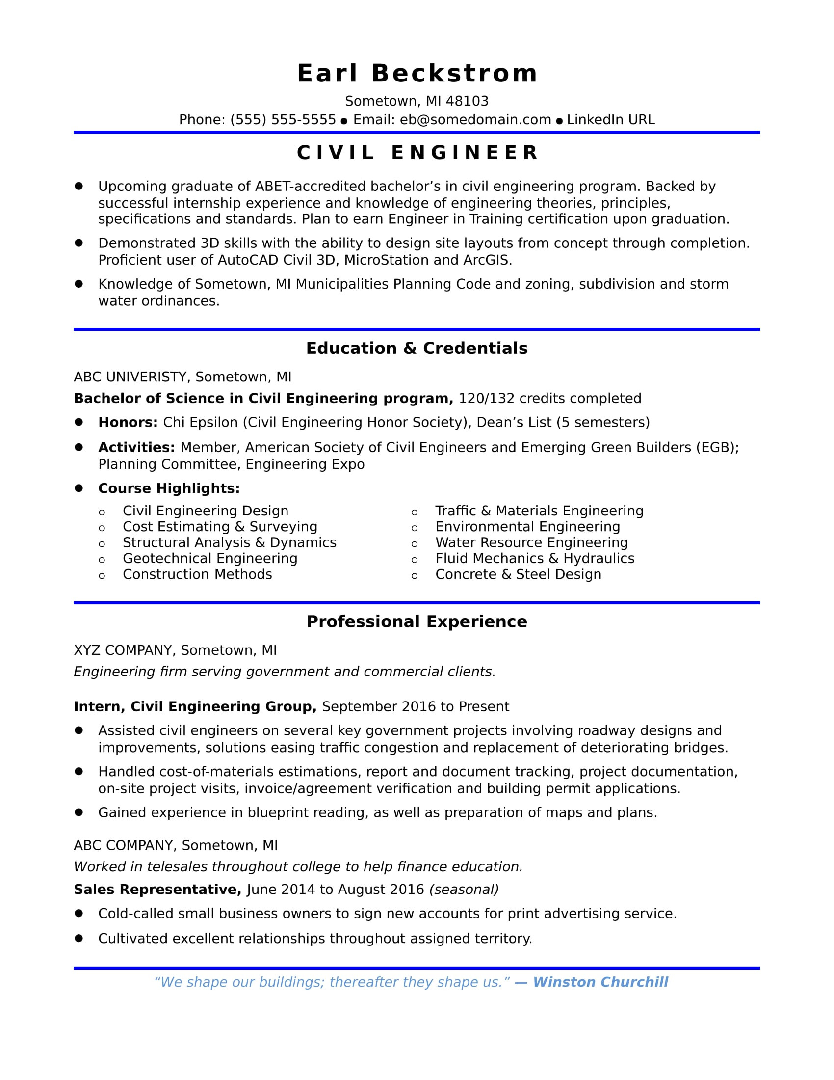 Civil Engineering Sample Resume for Freshers Sample Resume for An Entry-level Civil Engineer Monster.com