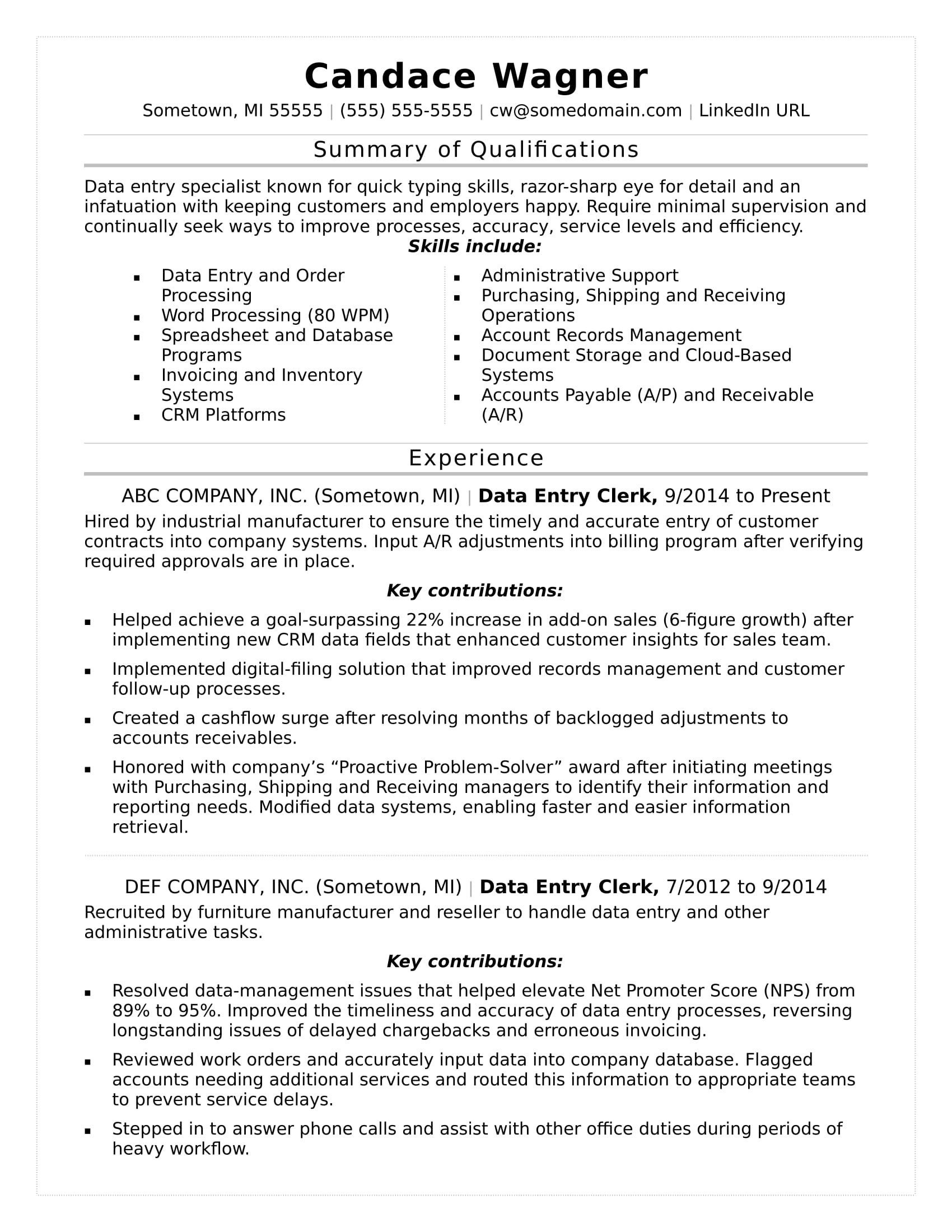 data entry resume sample