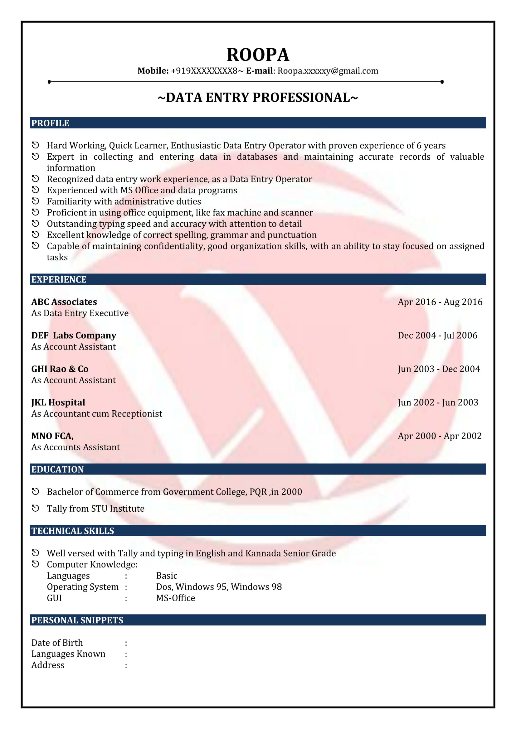 data entry resume sample format