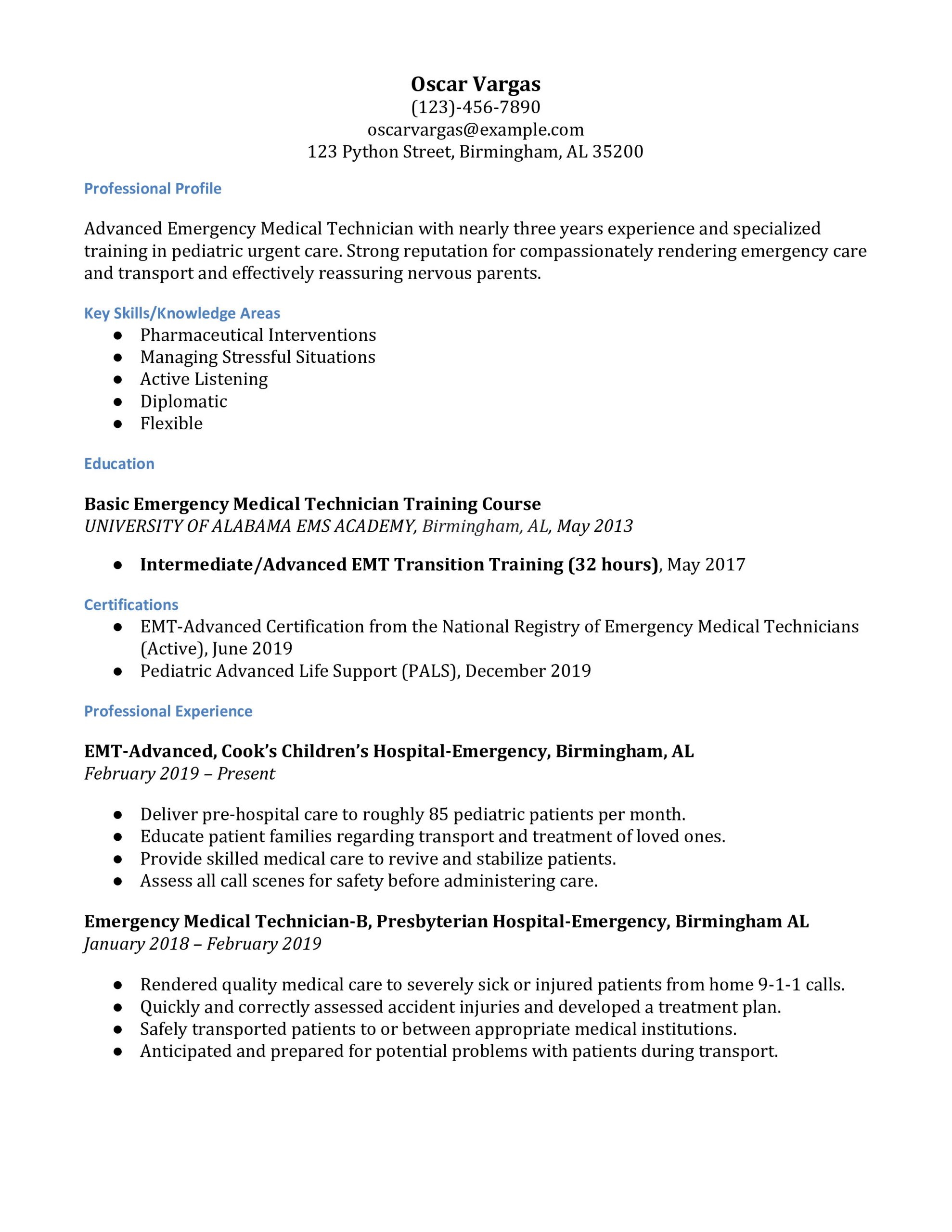 emt resume examples