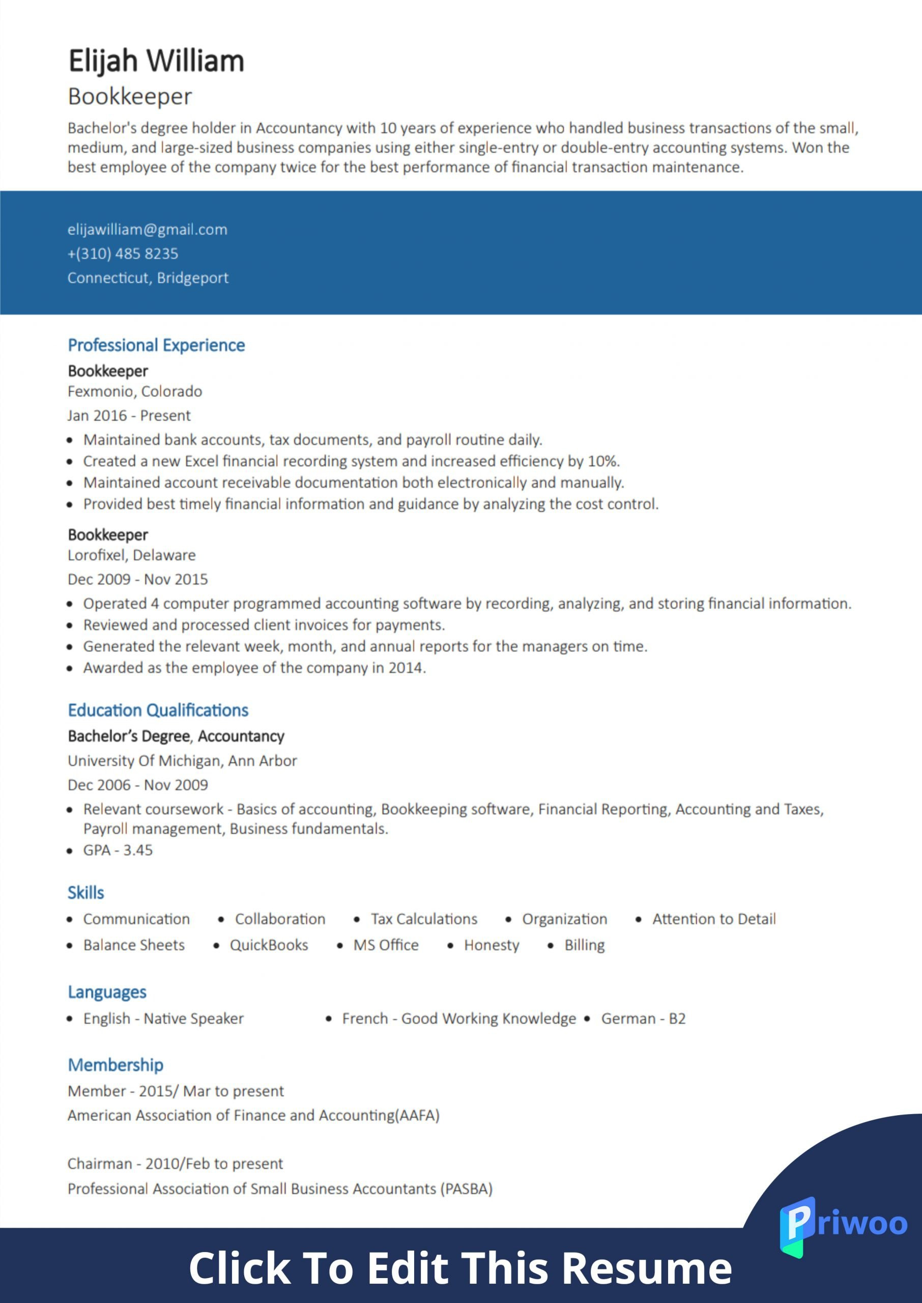 bookkeeper resume sample