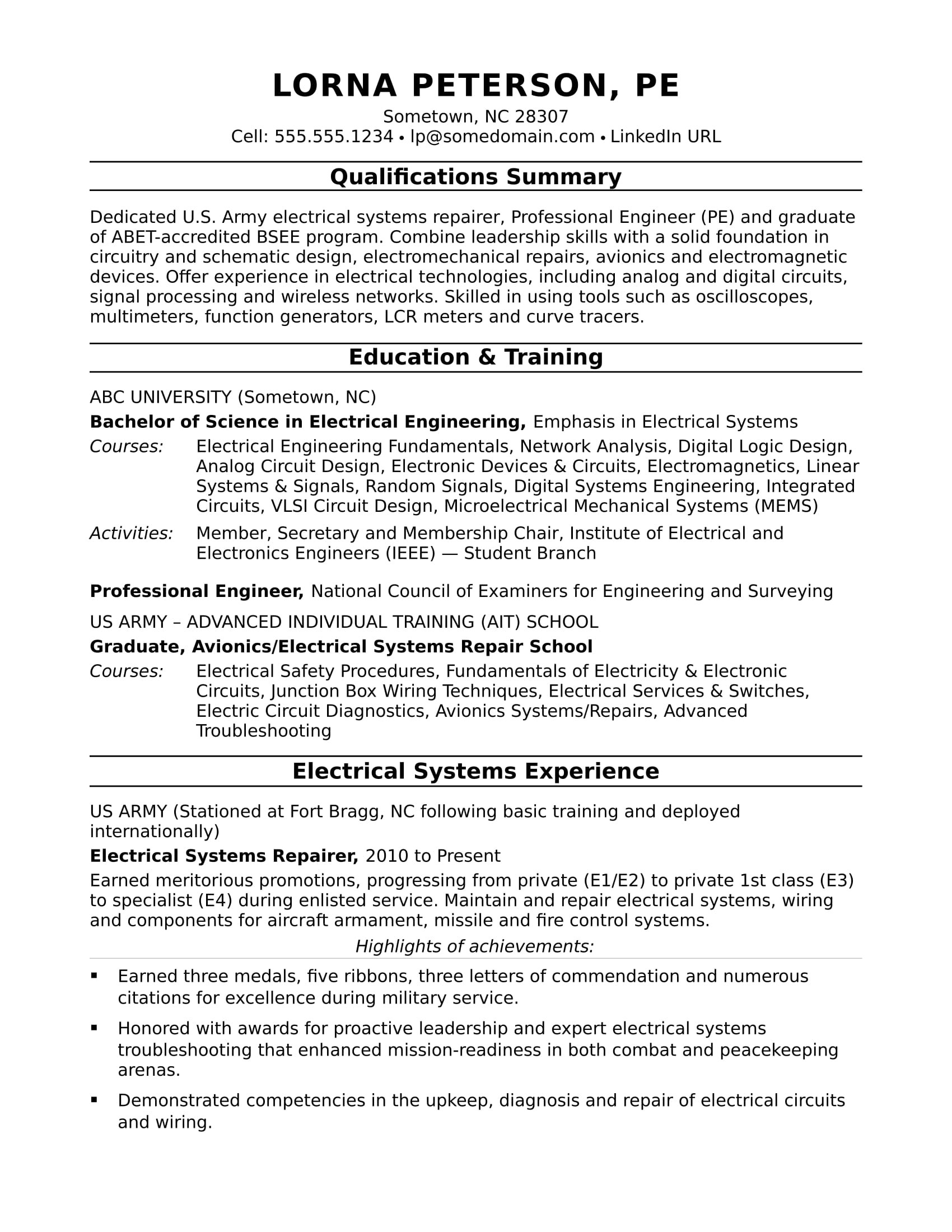 sample resume electrical engineer midlevel