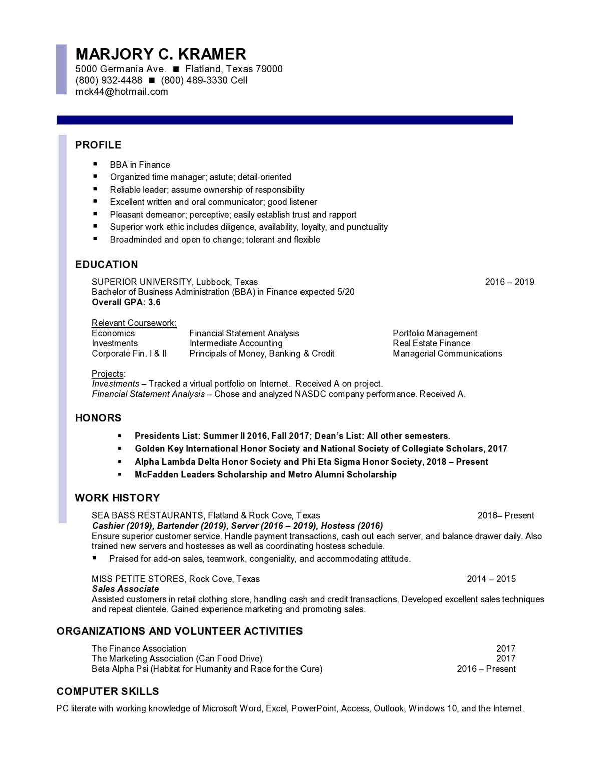 finance entry level bination resume