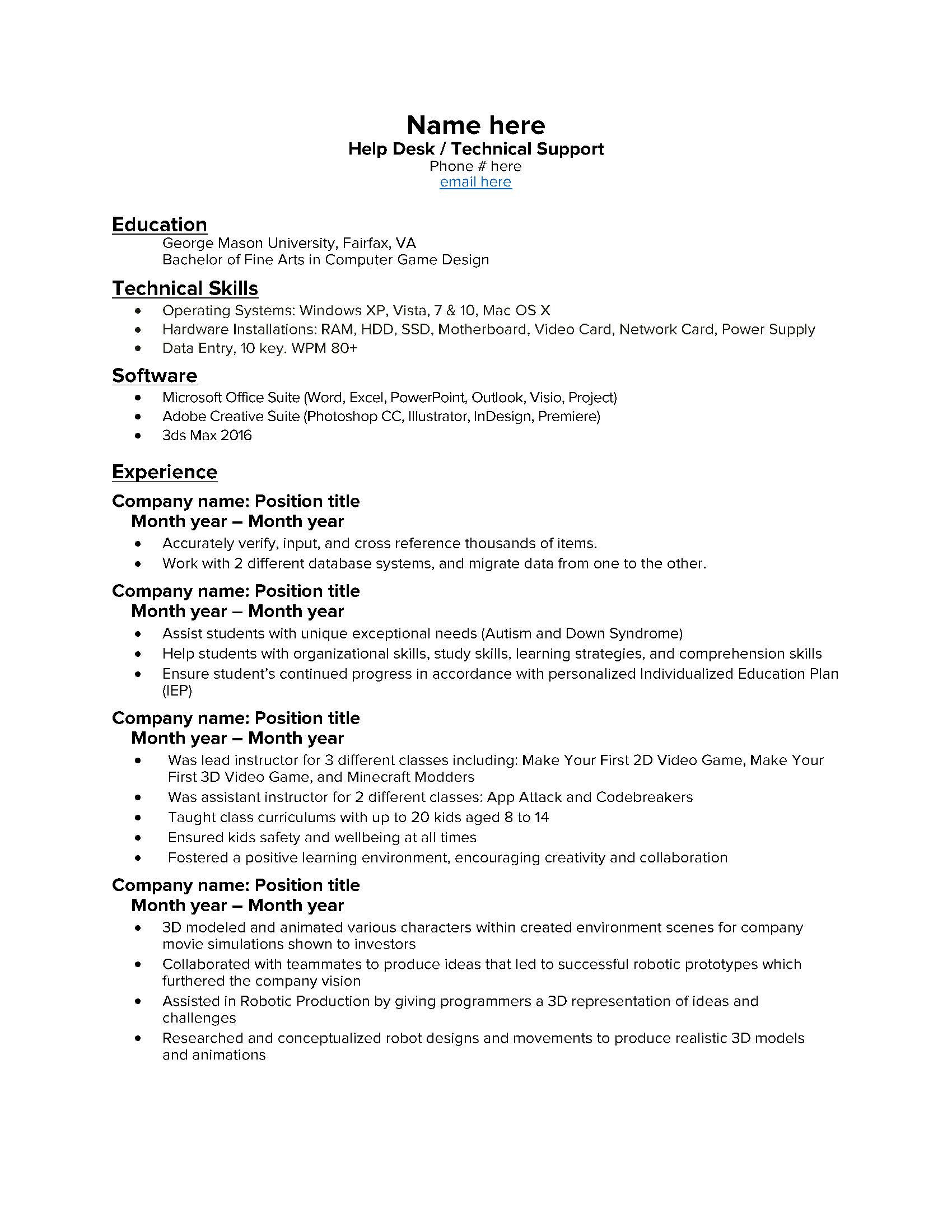 entry level help desk resume