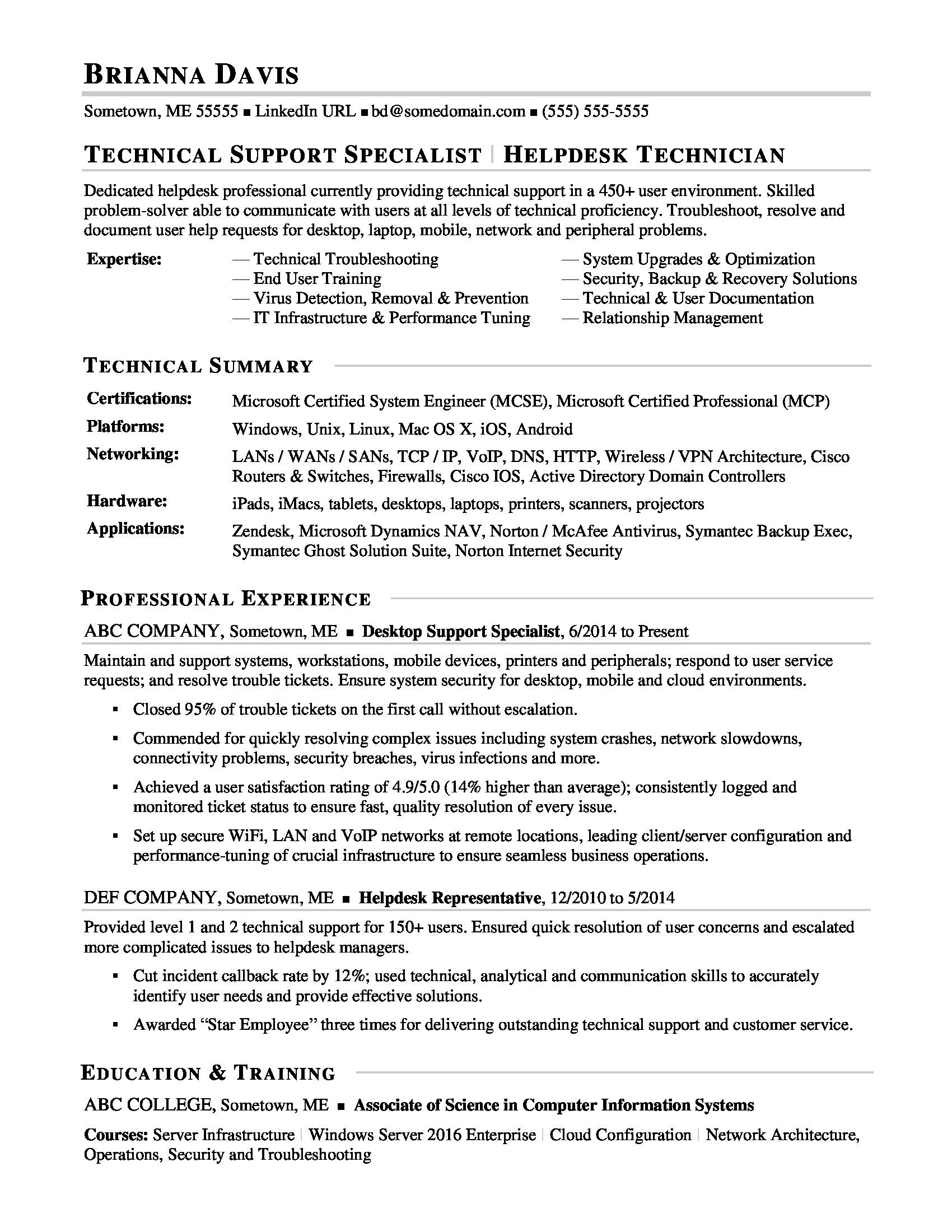 sample resume IT help desk