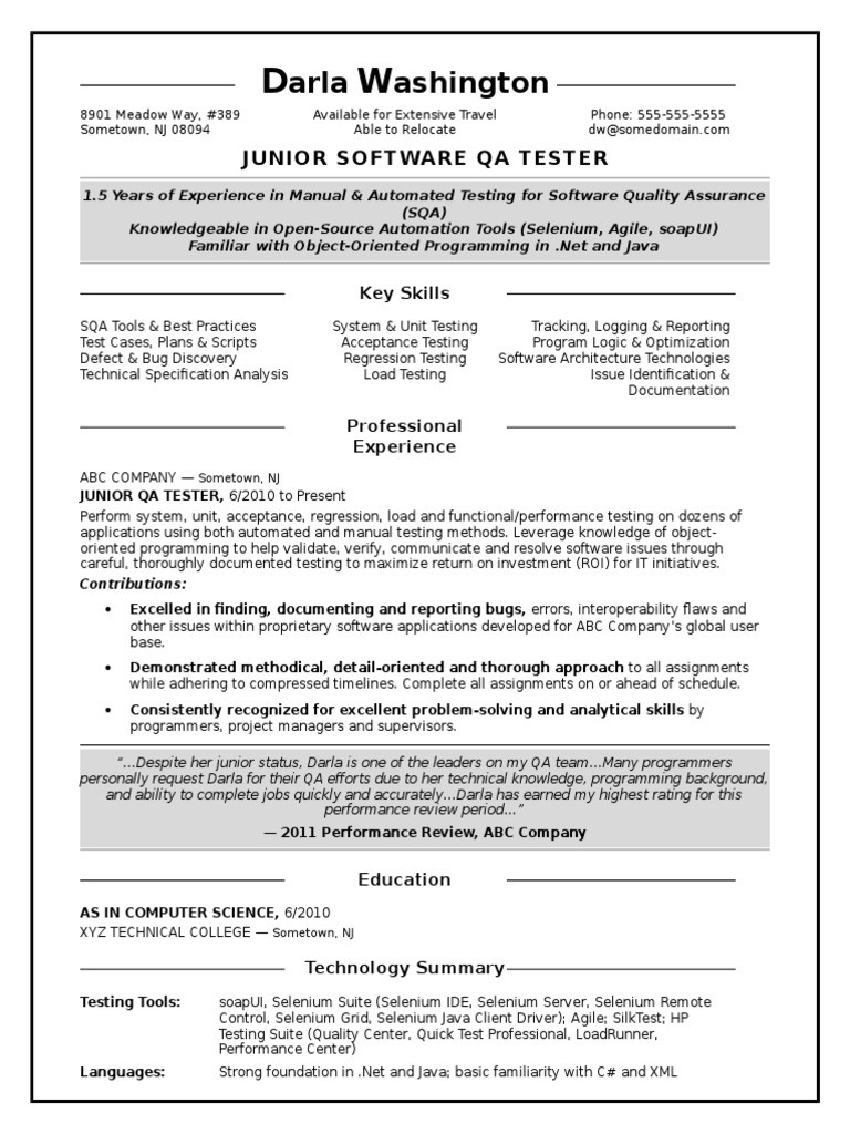 Sample Resume QA Software Tester Entry Level