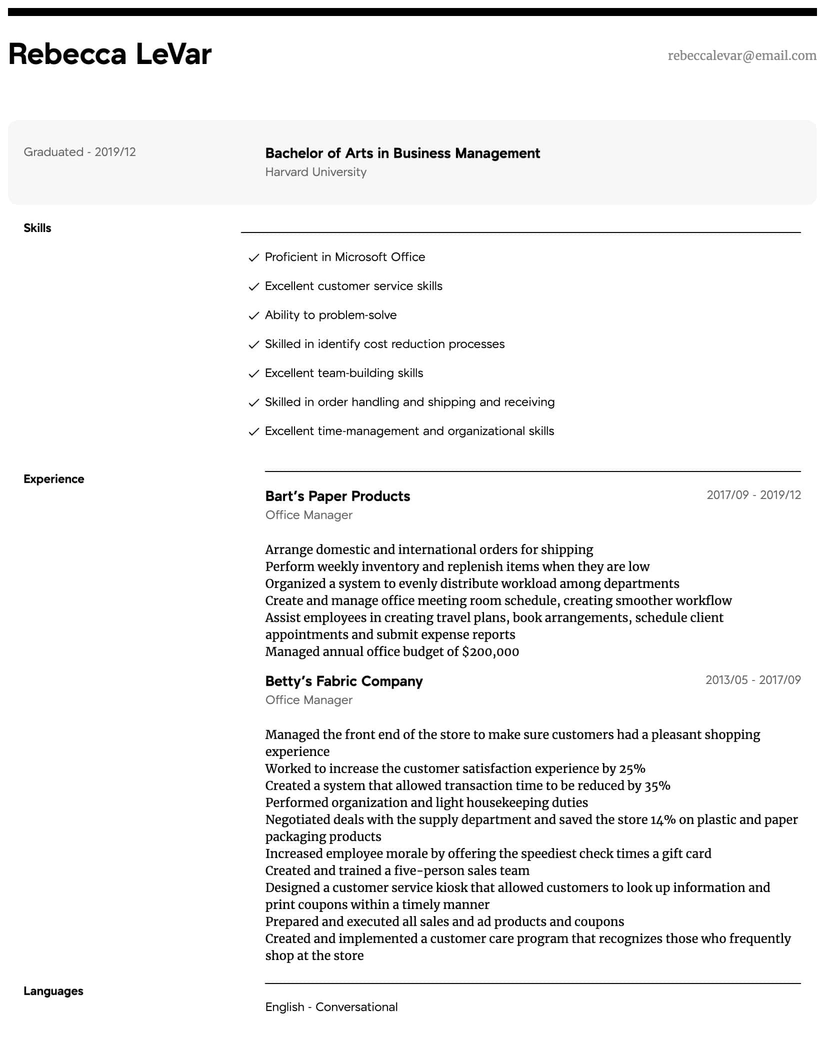 office manager resume sample