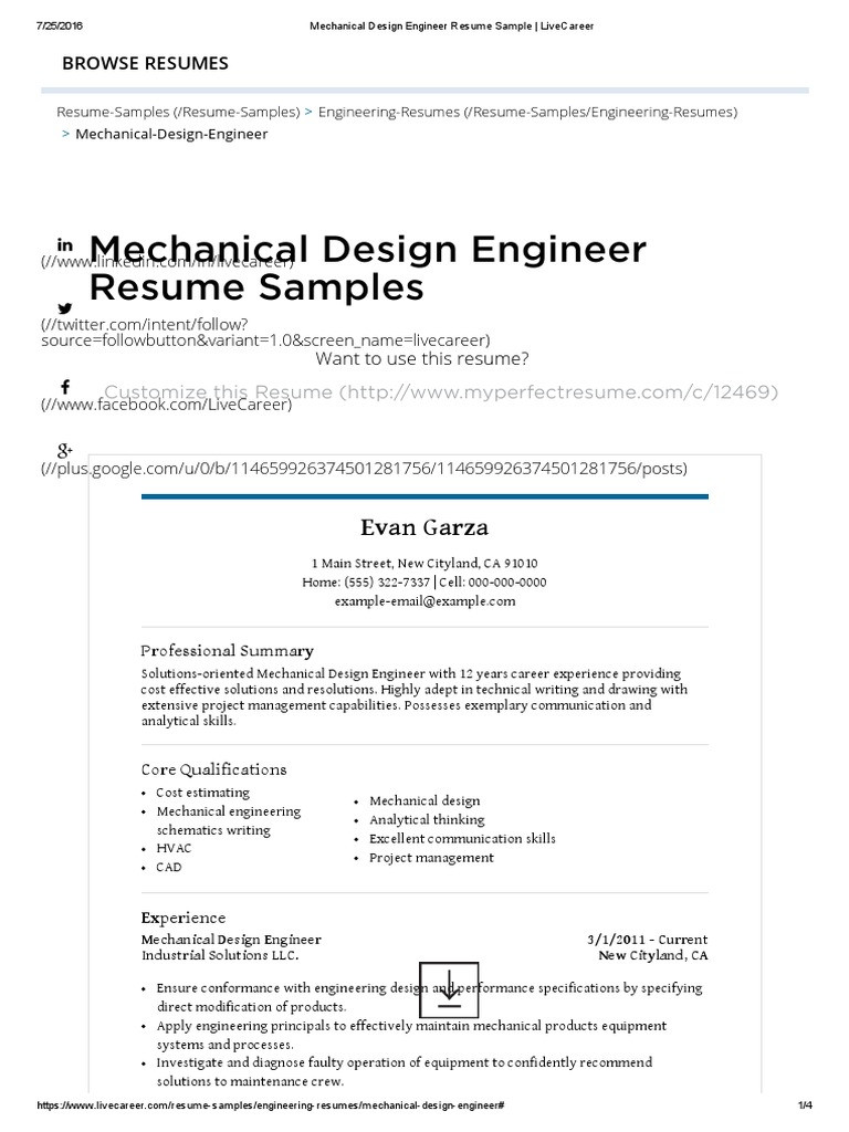 Mechanical Design Engineer Resume Sample LiveCareer