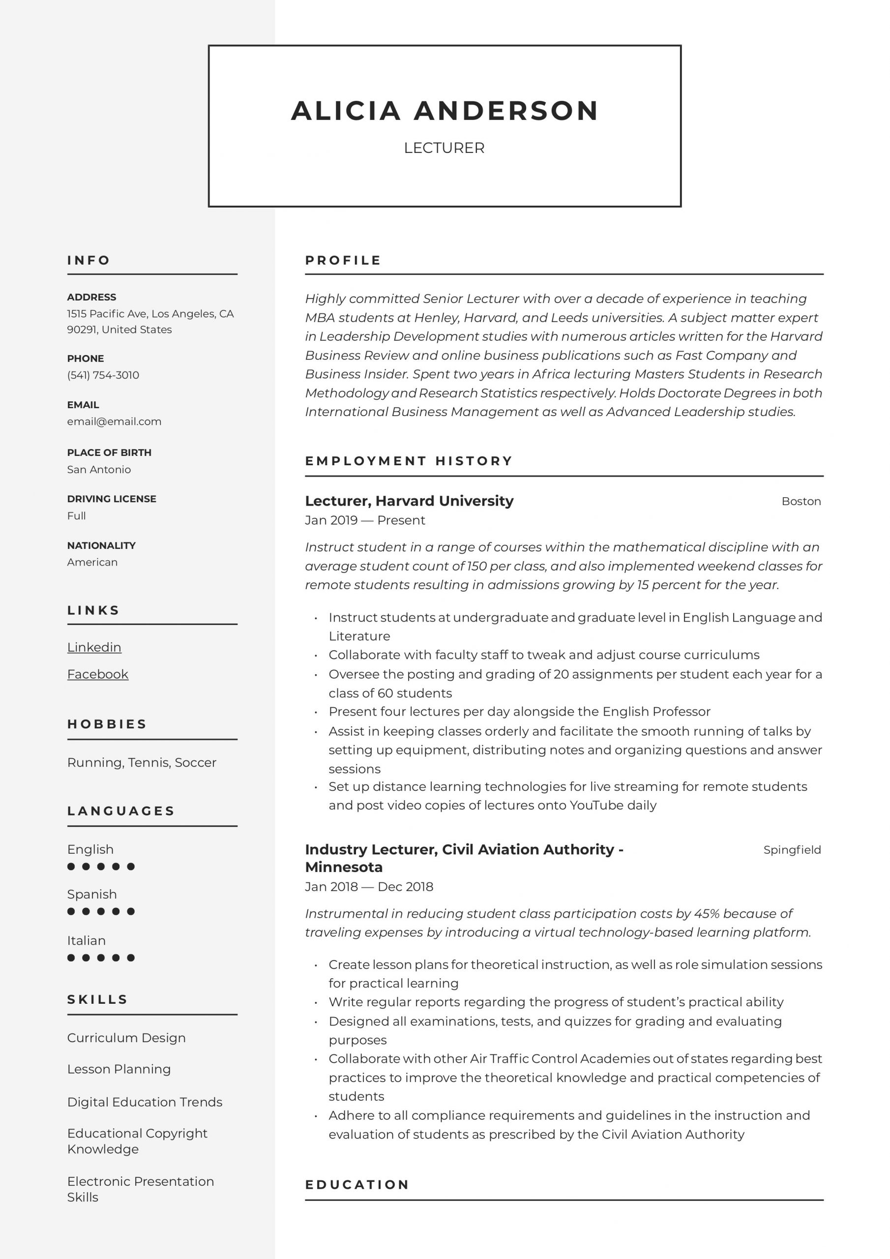 sample cv for lecturer position inml