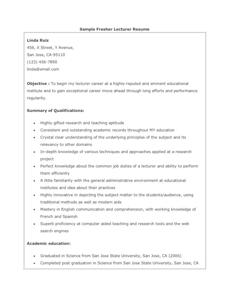 Sample Fresher Lecturer Resume