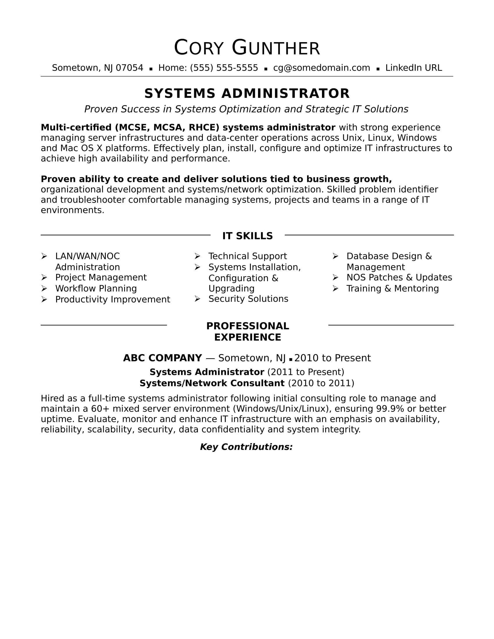 sample resume systems administrator experienced