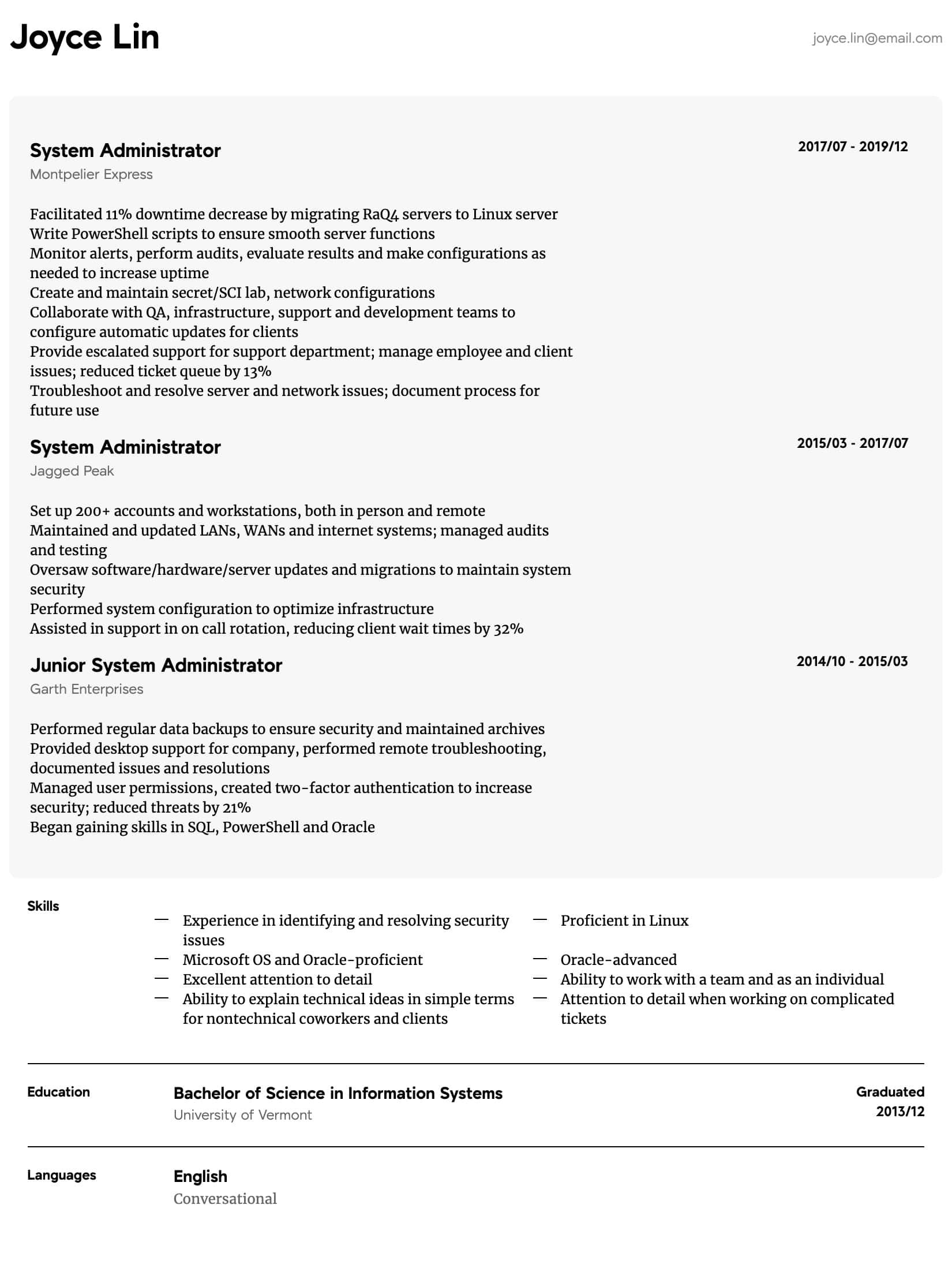 system administrator resume sample