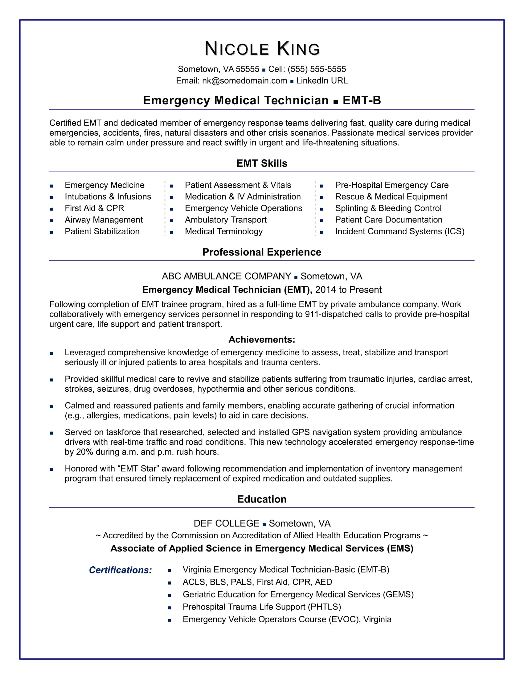 emt resume sample