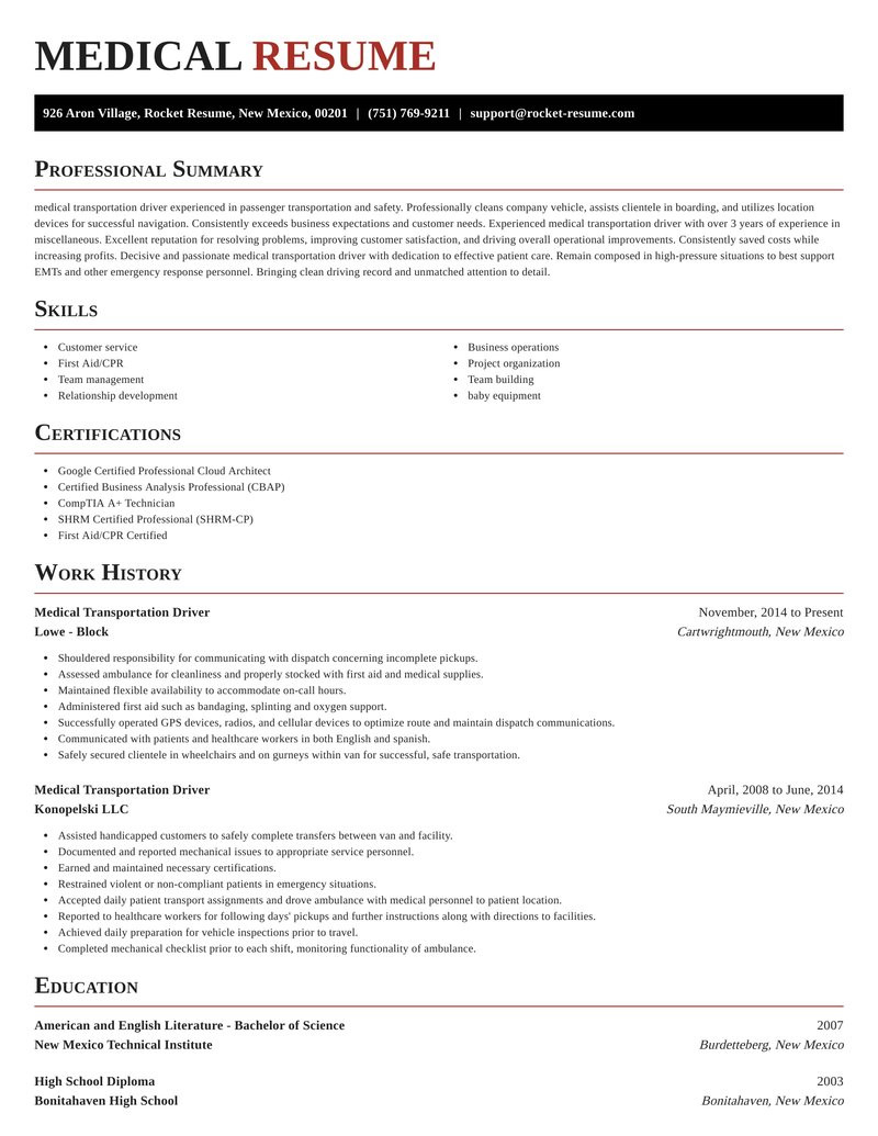 medical transportation driver simple resume writer samples