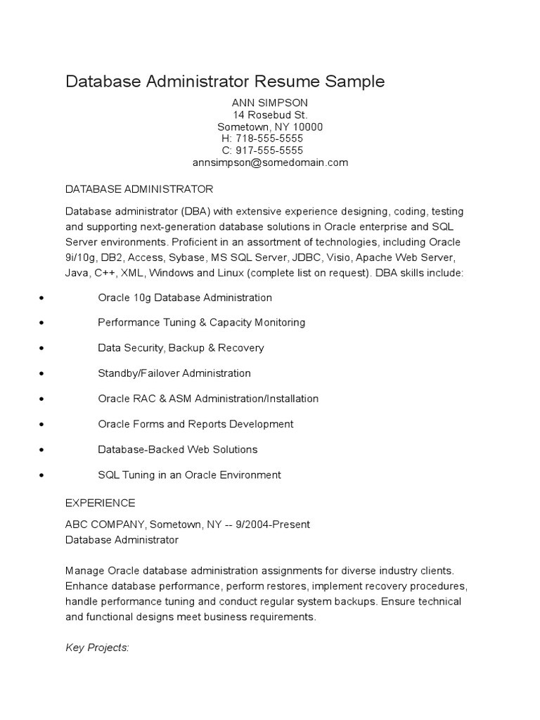 Database Administrator Resume Sample