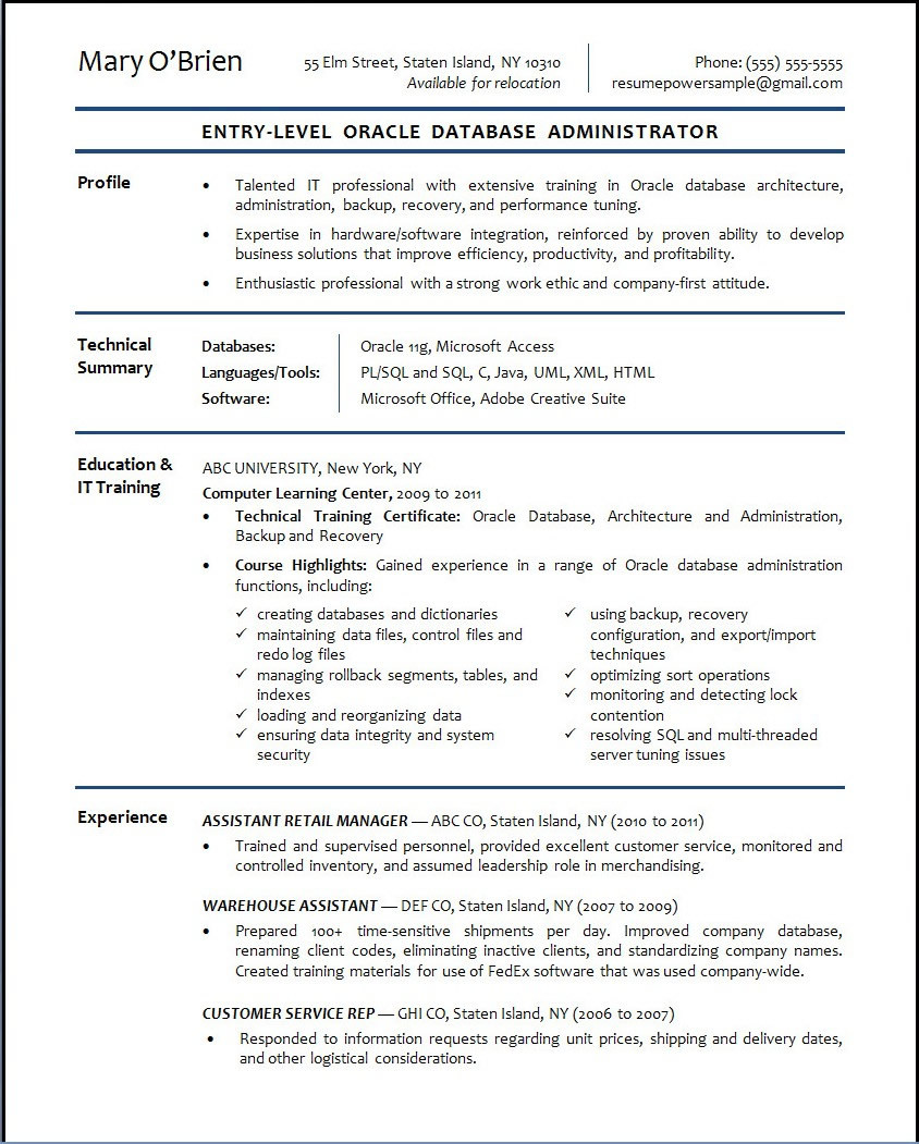 oracle database administrator resume sampleml