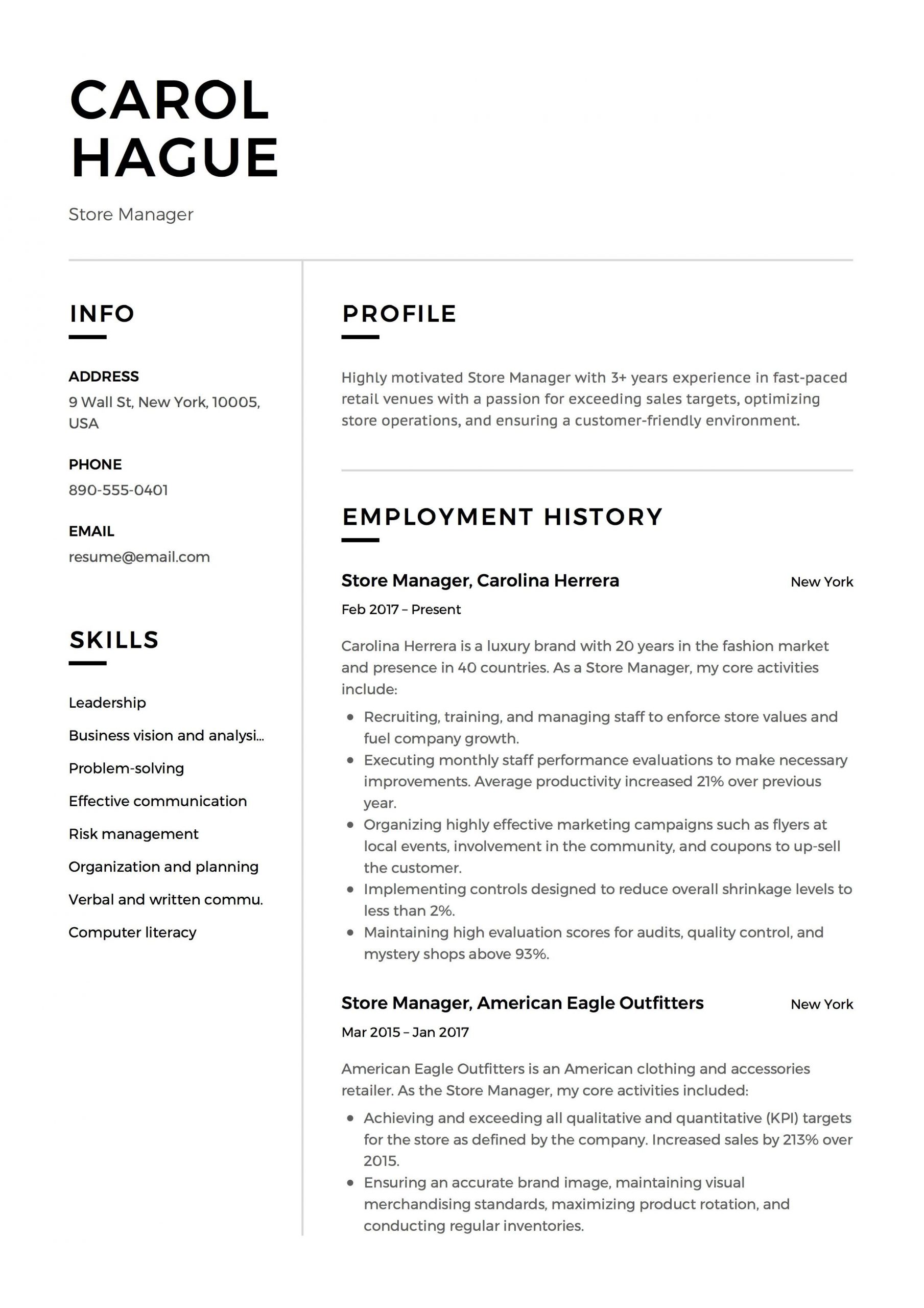 Resume Samples for Retail Store Jobs Store Manager Resume Sample, Template, Example, Cv, formal, Design …
