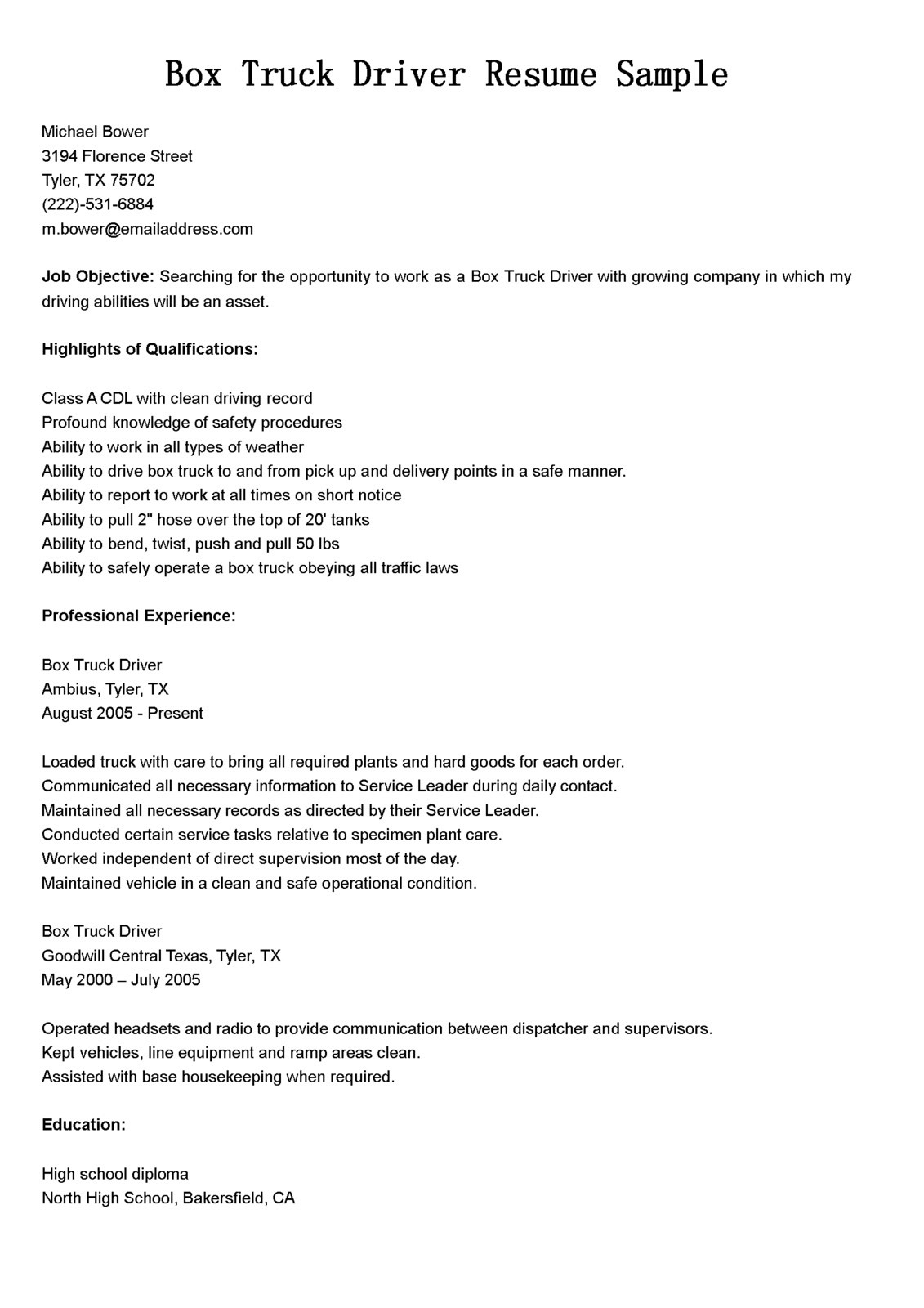 box truck driver resume sampleml