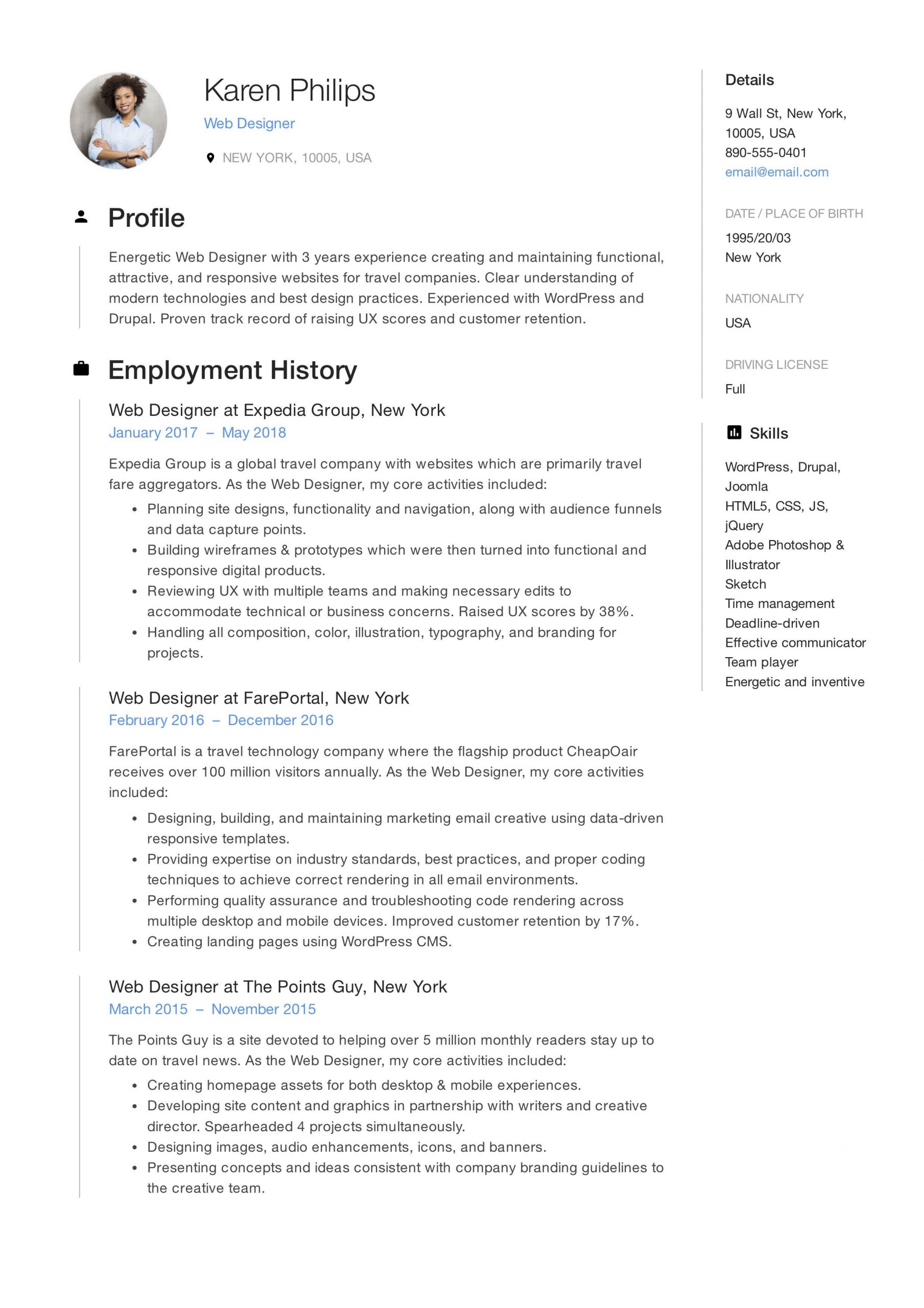 web developer resume sample