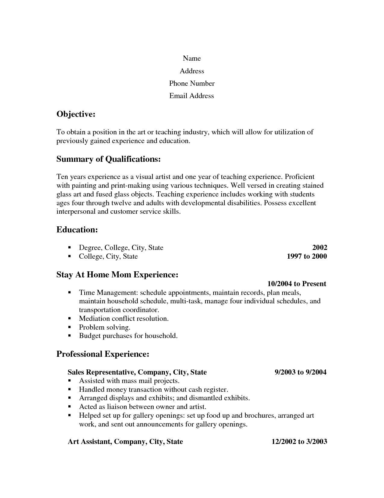 resume for homemaker returning to work sample