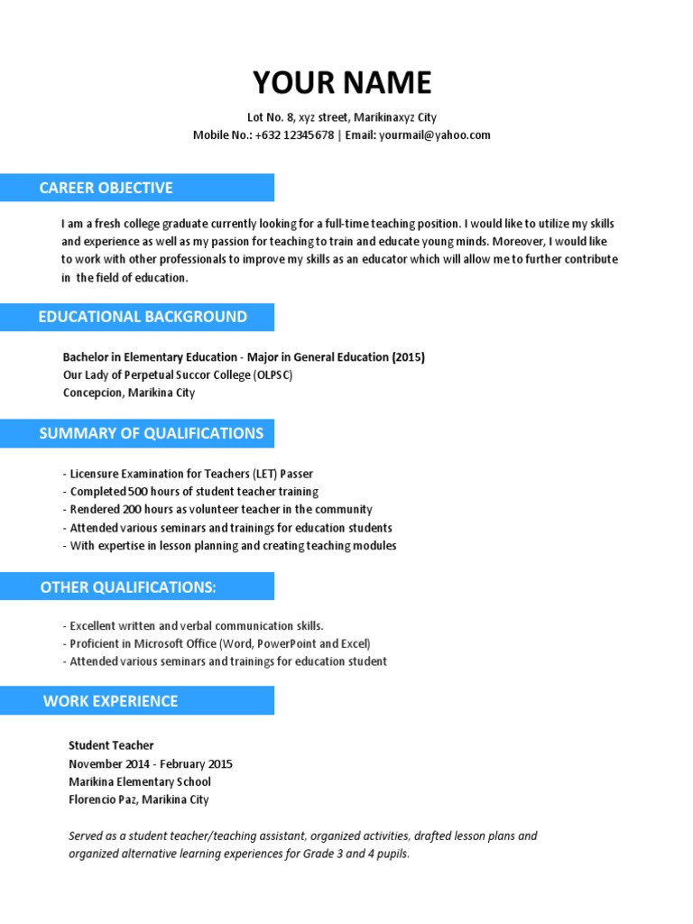 Sample Resume for Teachers Without Experience 1