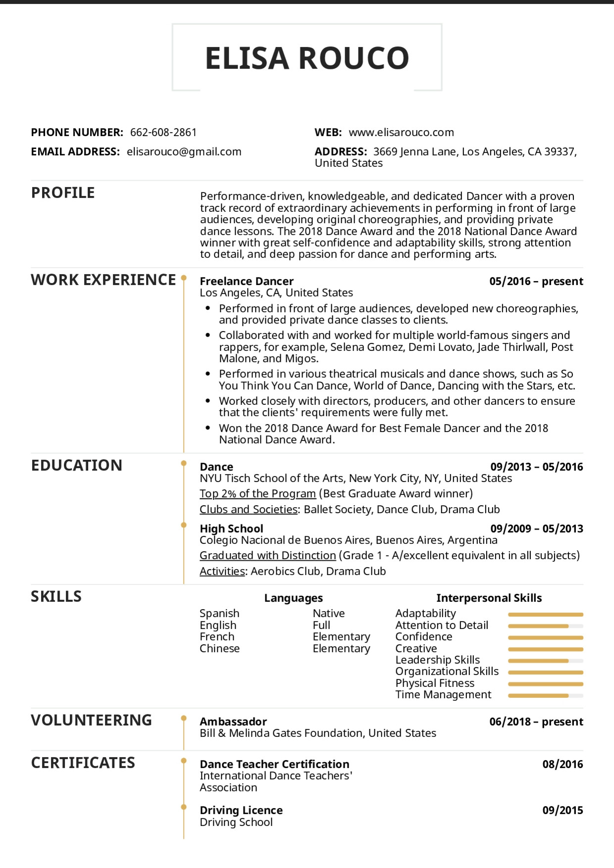 dance resume template