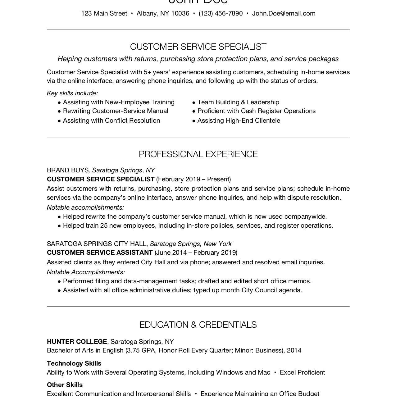 customer service resume example