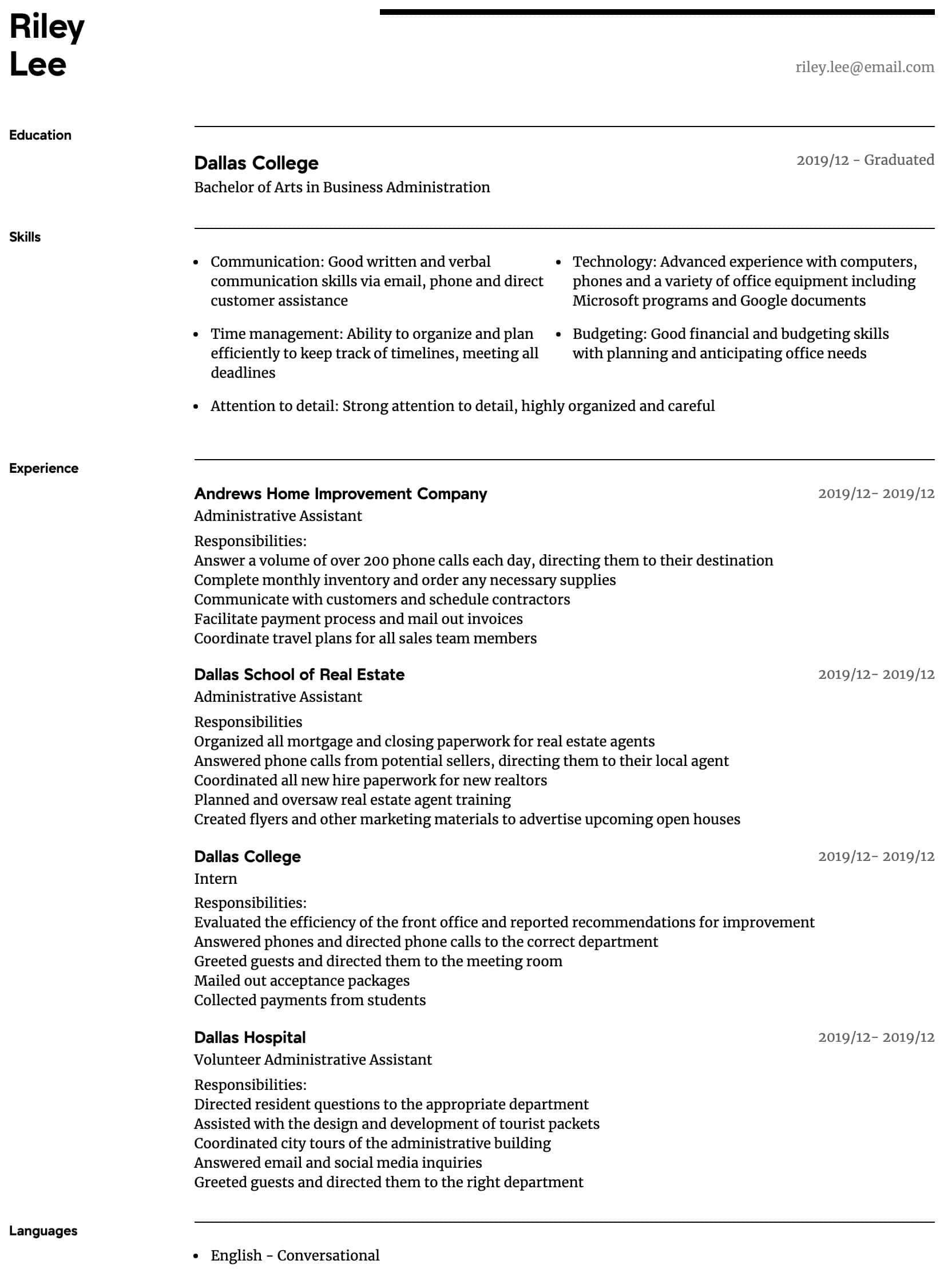 Sample Professional Resume for Administrative assistant Administrative assistant Resume Samples All Experience Levels …
