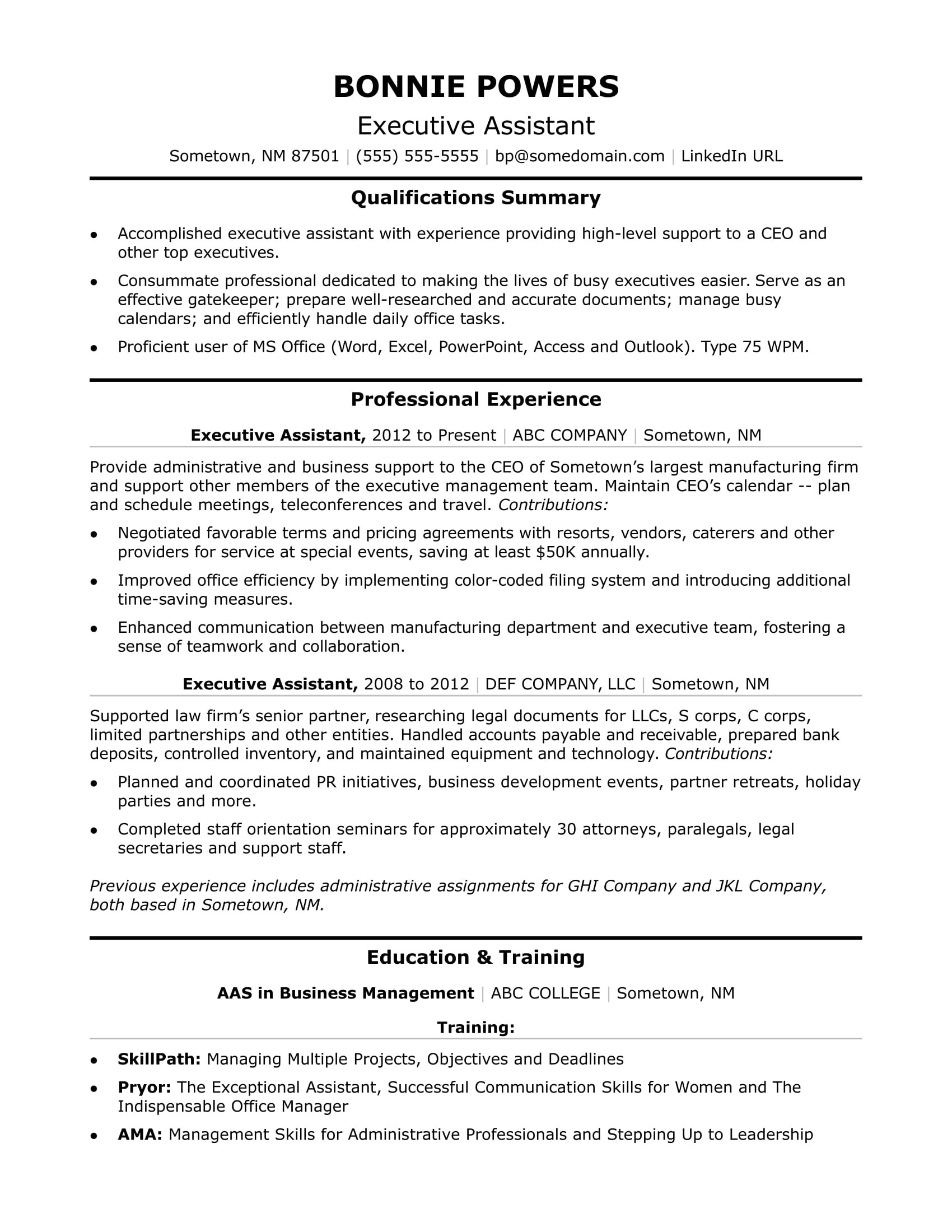 sample resume executive assistant