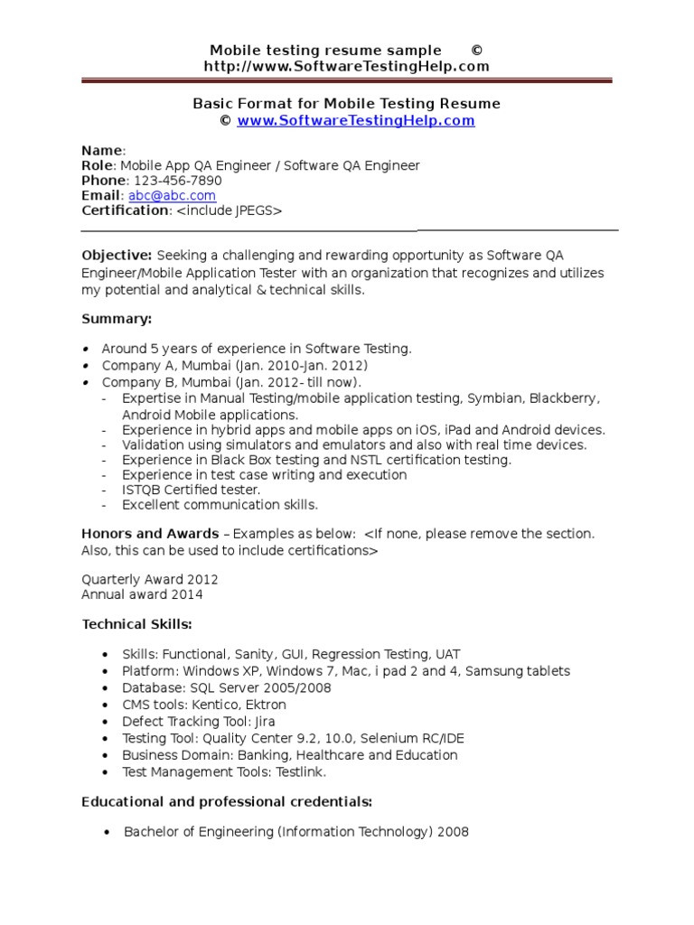 Mobile Testing Resume Sample Document
