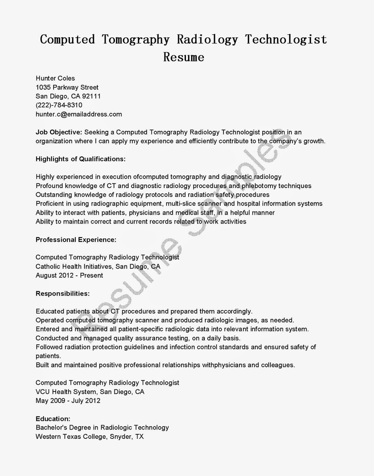 radiologic technologist resume summaryml