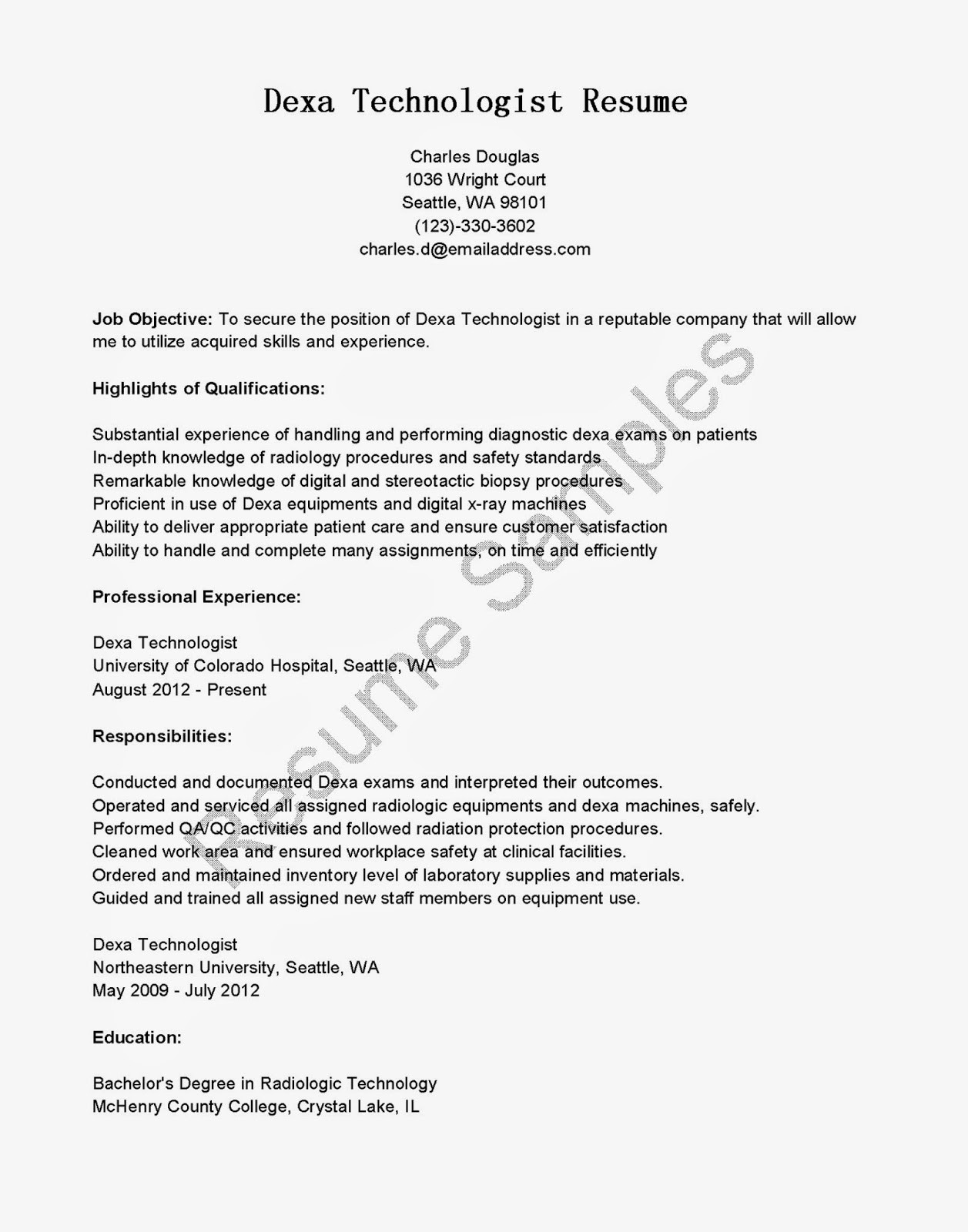sample resume for radiologicml