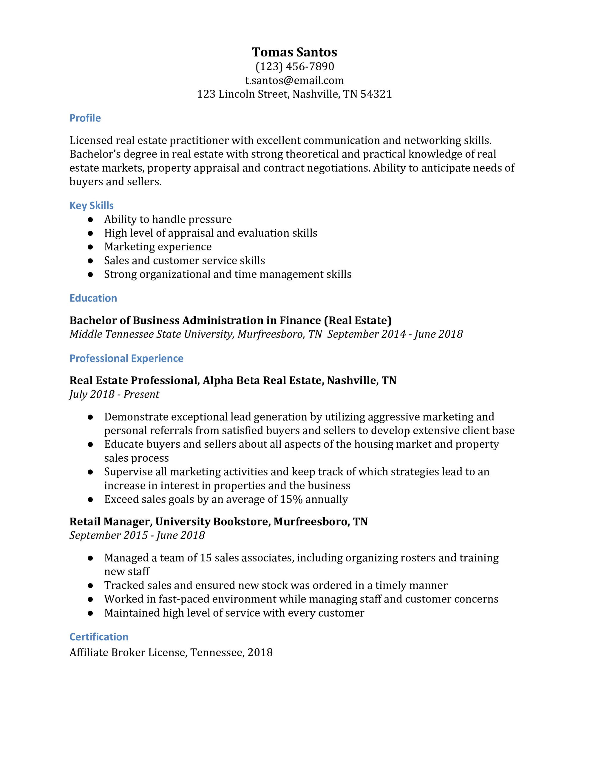 real estate agent resume examples