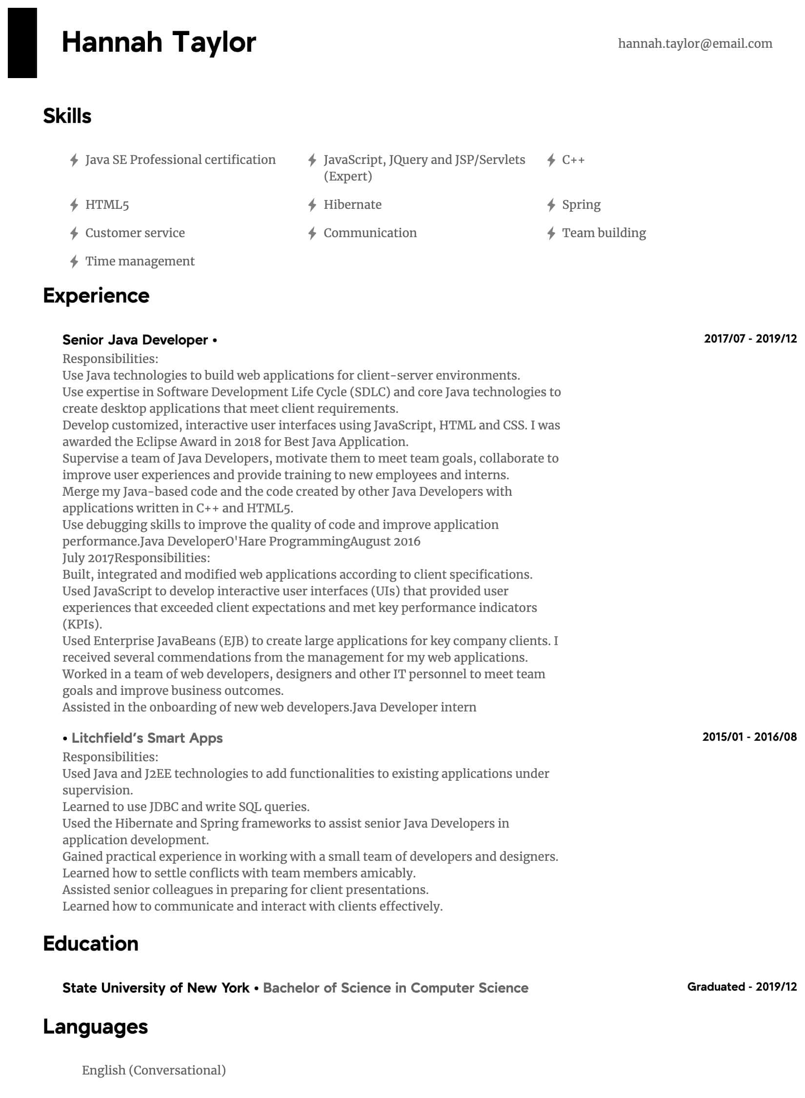 java developer resume sample