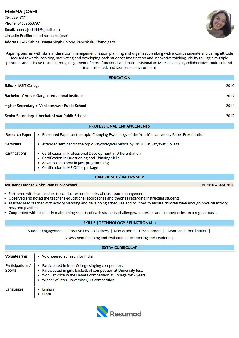 resume of primary school teacher tgt