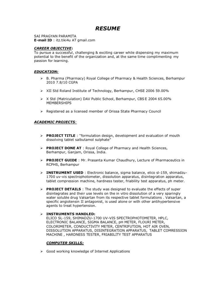 simple resume format for pharmacistml