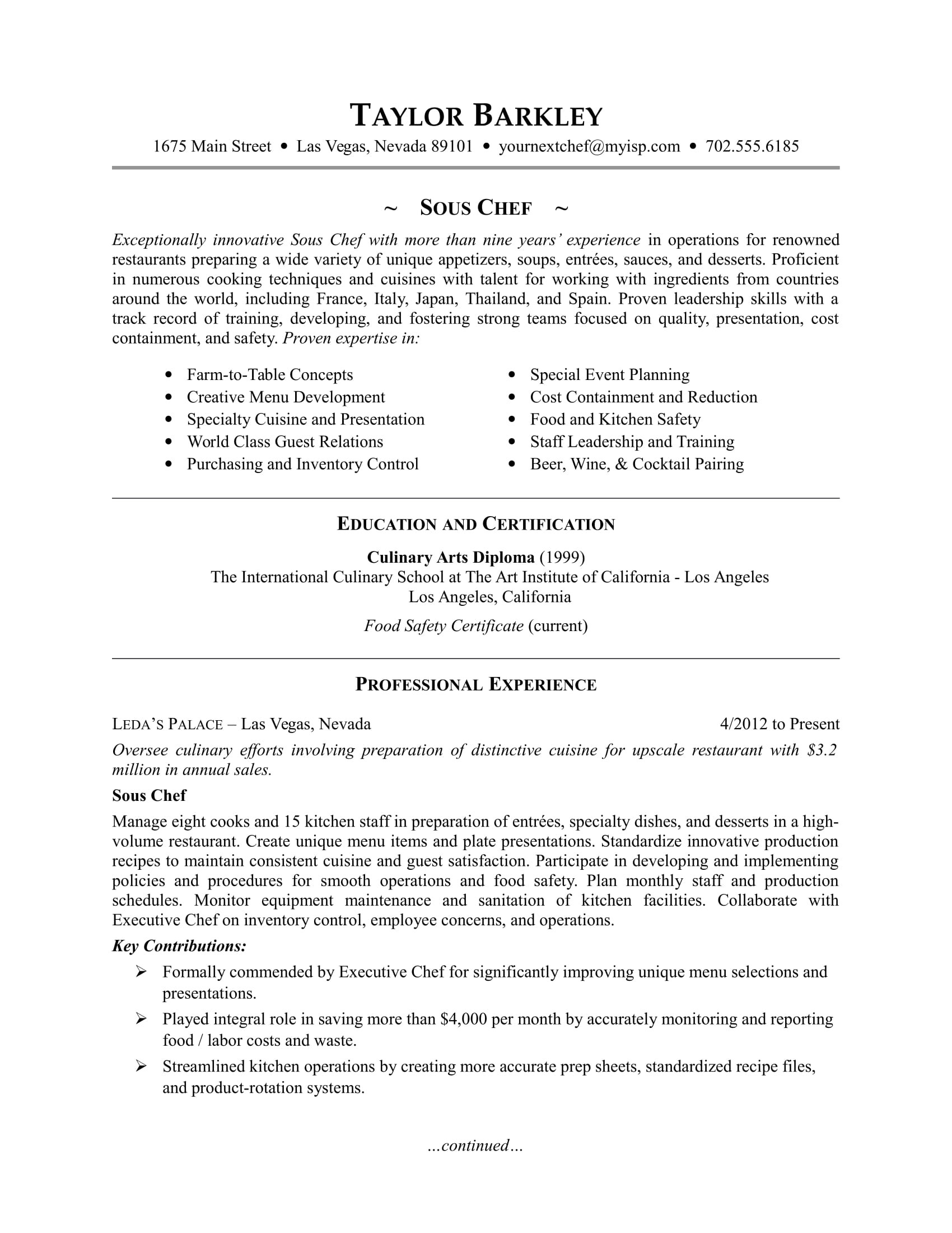 sample resume sous chef