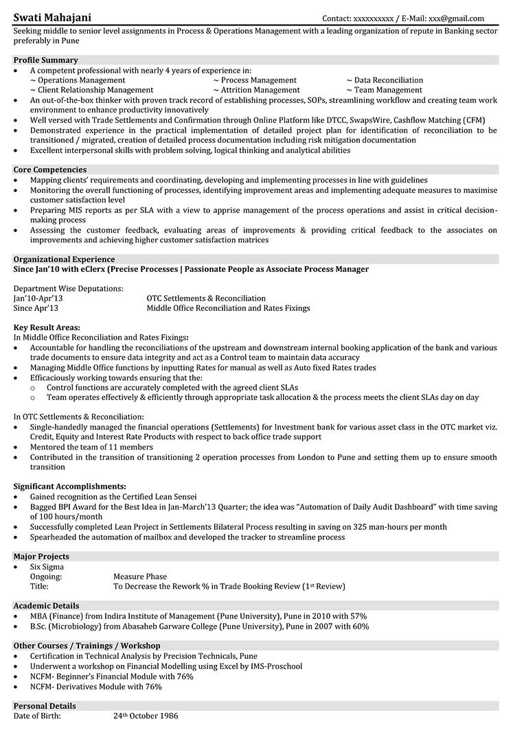 sample resume for operations