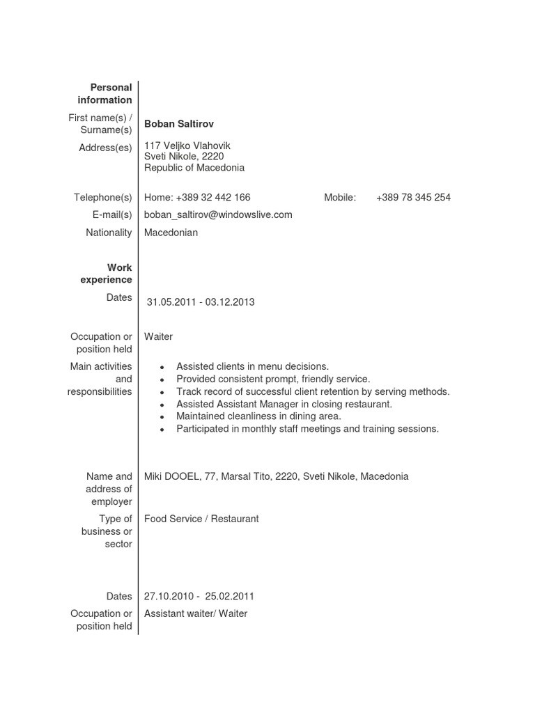 A sample CV for applying on a cruise ship