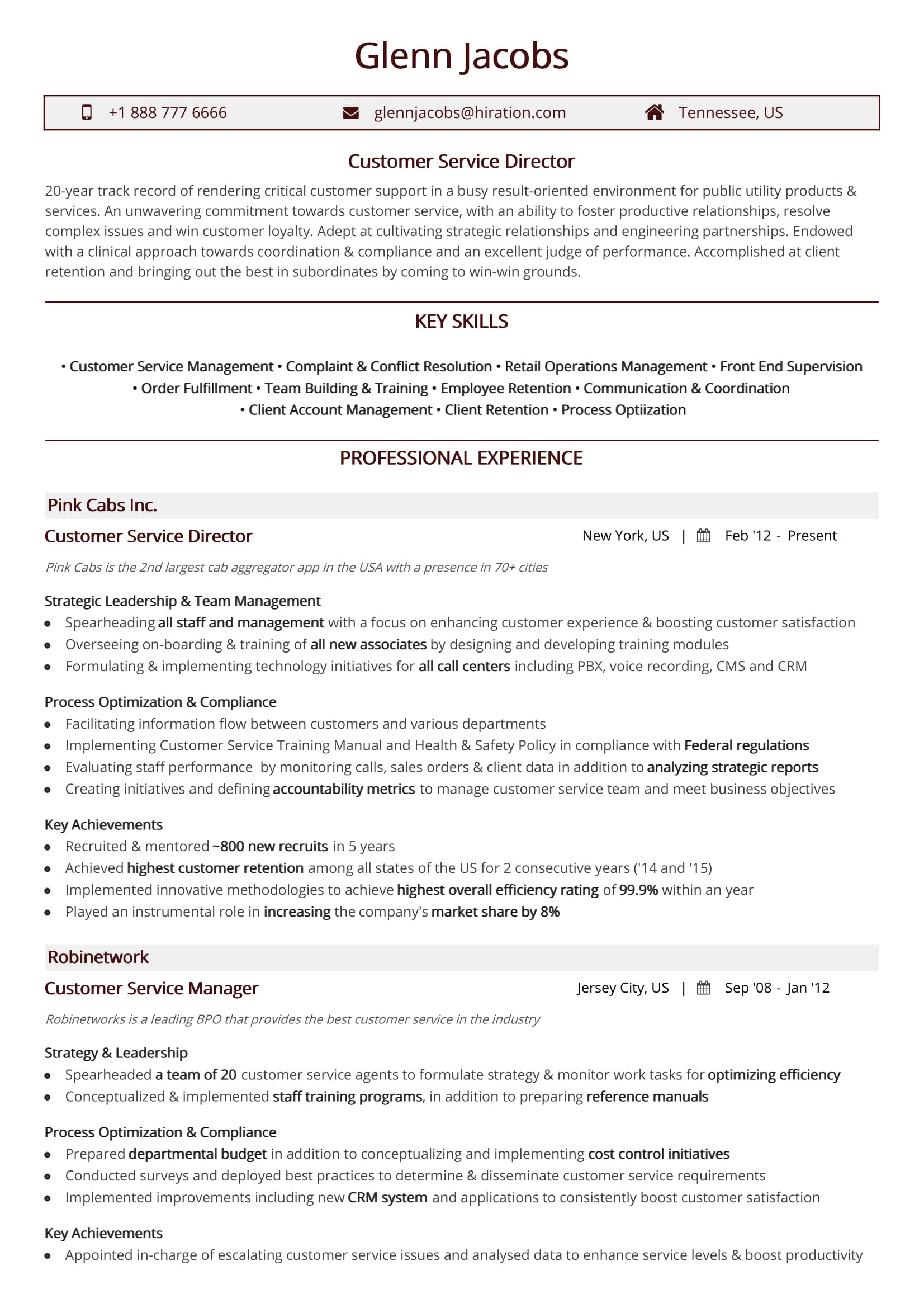 customer service director resume sample