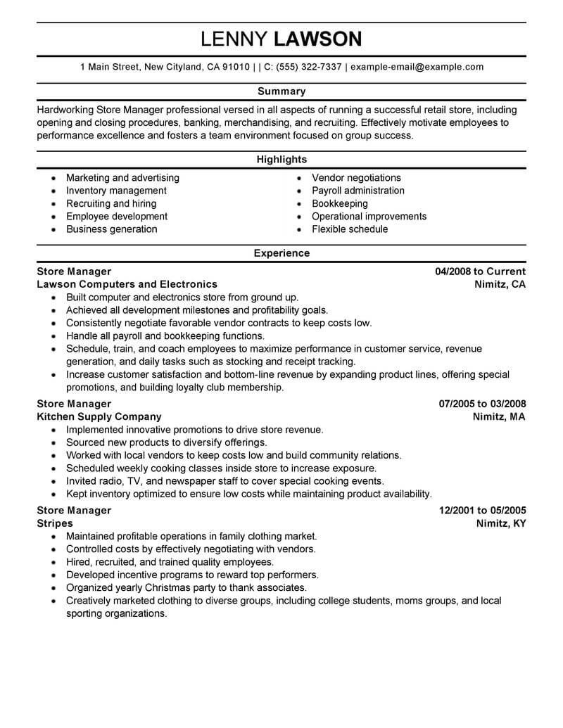 store manager resume example