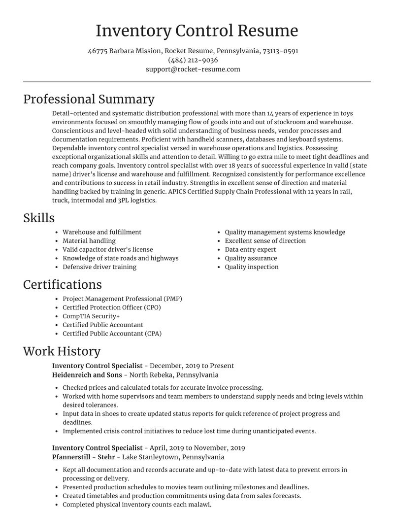 inventory control specialist simple resume help templates