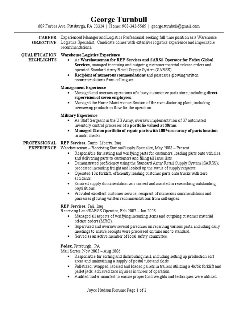 warehouse receiver resume samplesml