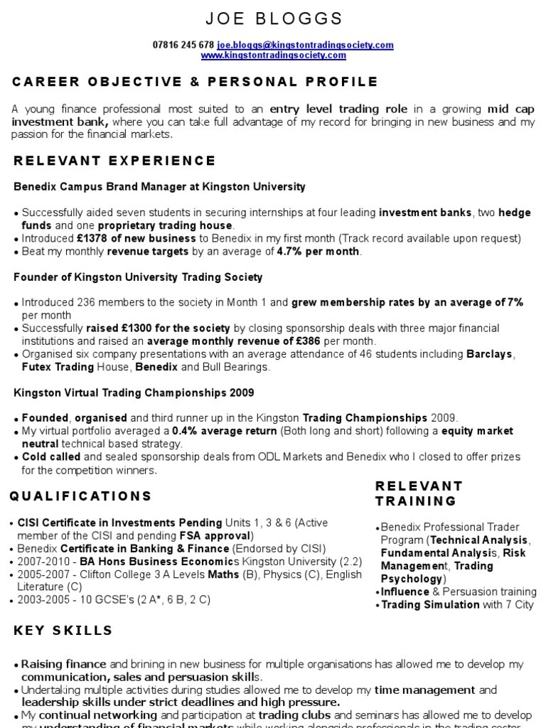 Perfect Trading CV Sample