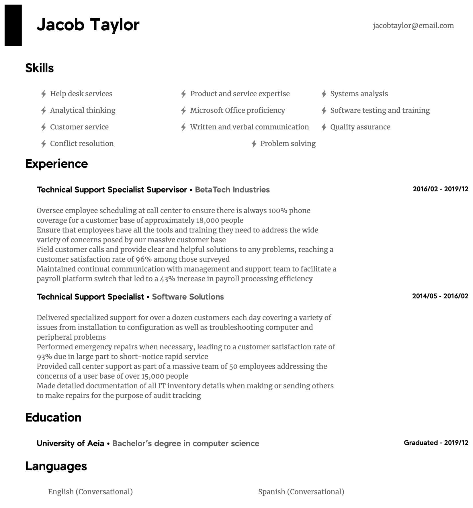 technical support specialist resume sample