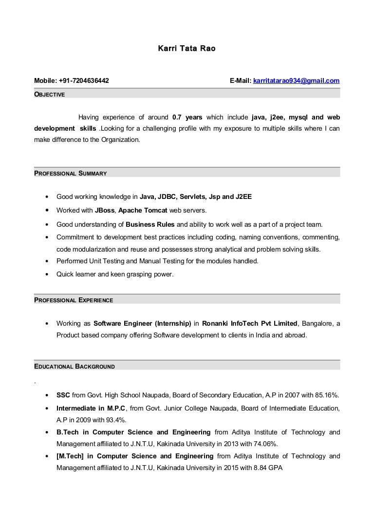 resume with 7 months internship experiance in java