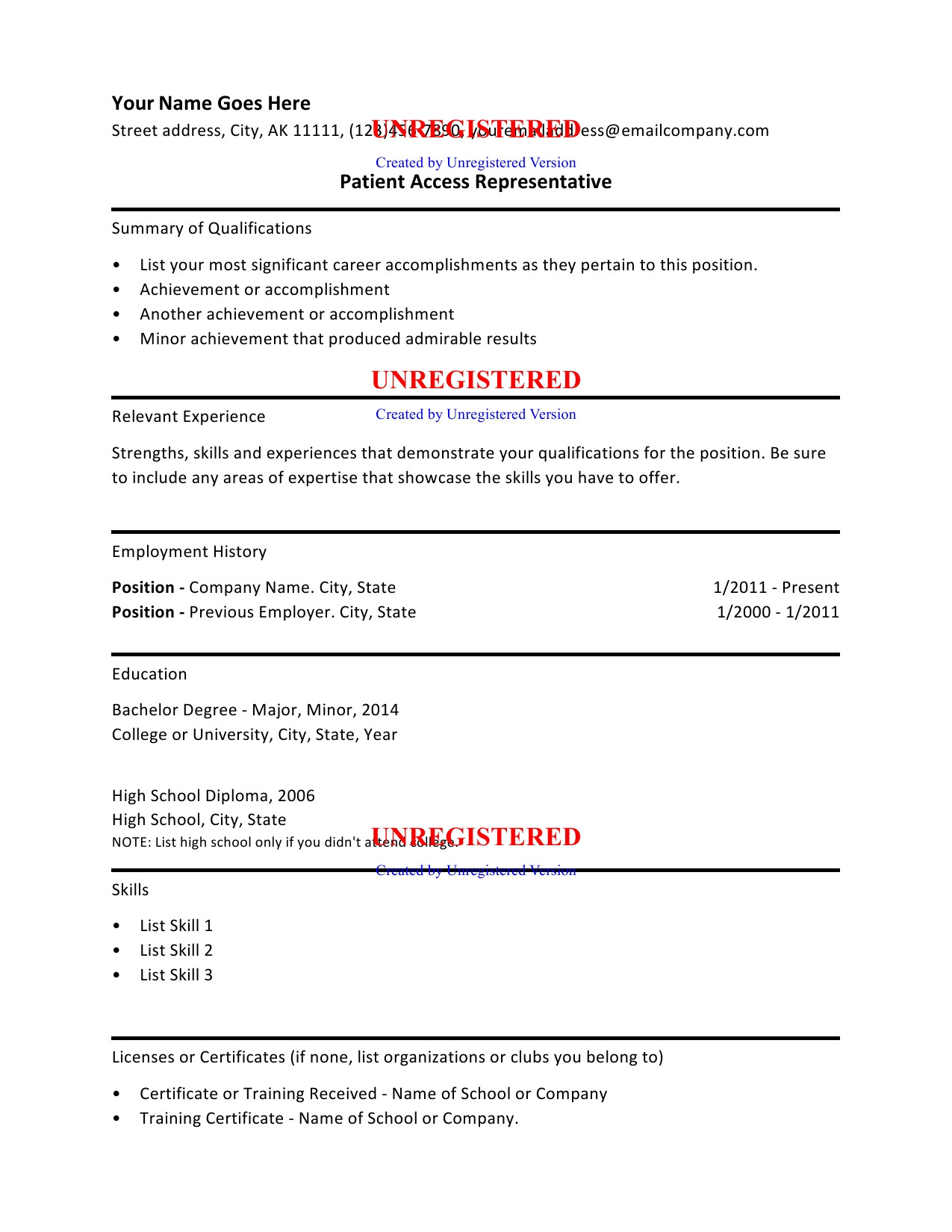 patient access representative resume template