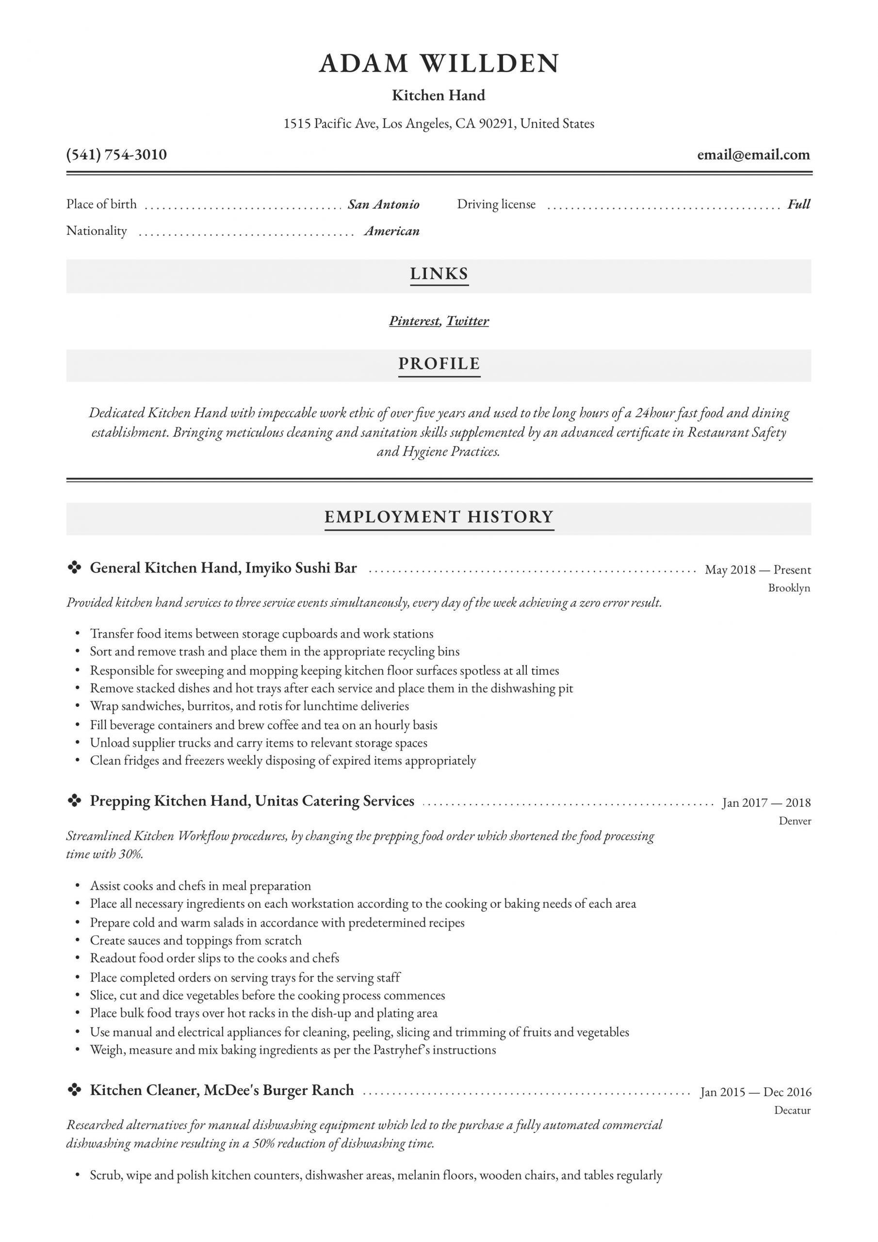 kitchen hand resume